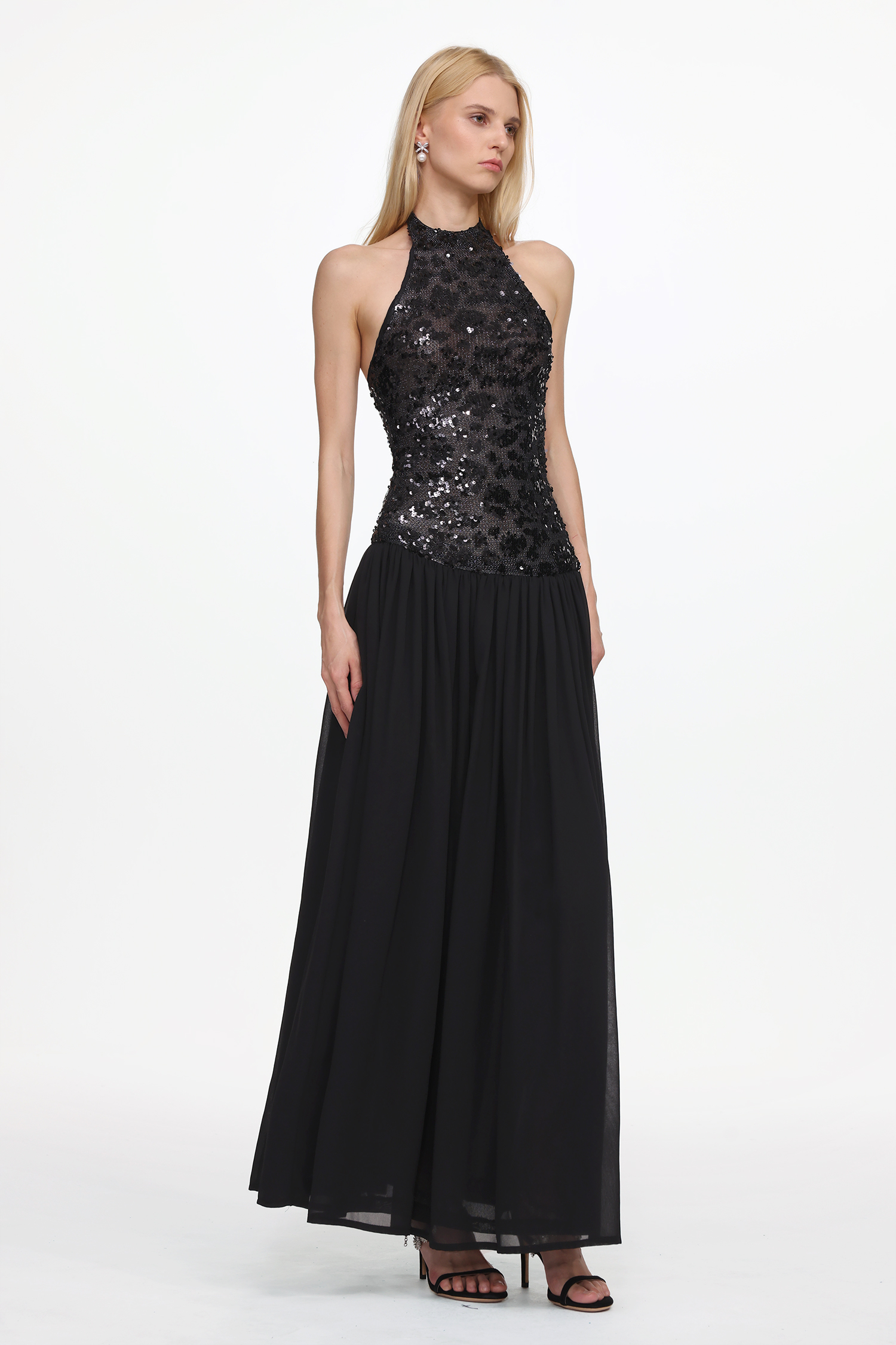 Encho Glamorous Contour Halter Ruched Mesh Sequin Maxi Dress