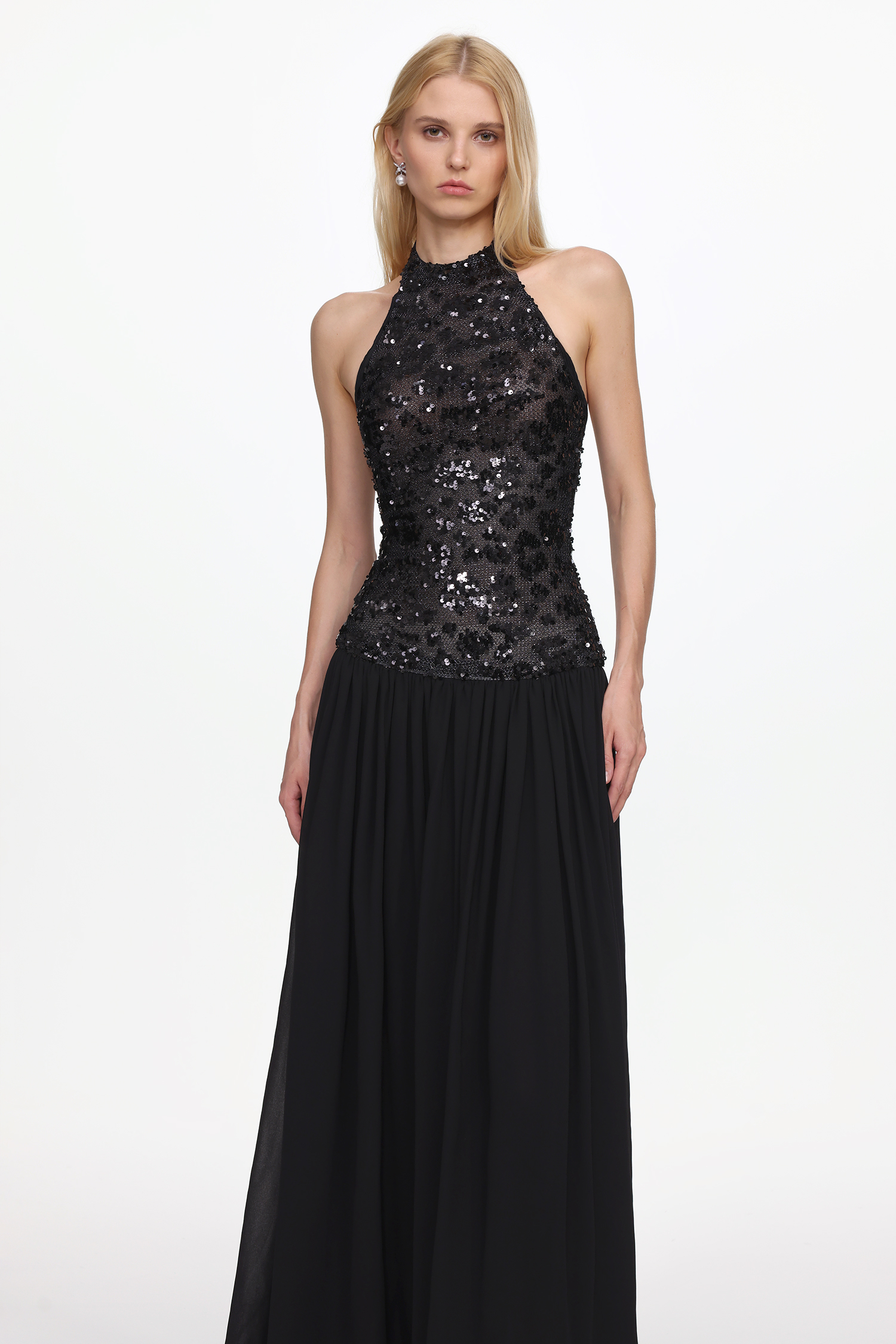 Encho Glamorous Contour Halter Ruched Mesh Sequin Maxi Dress