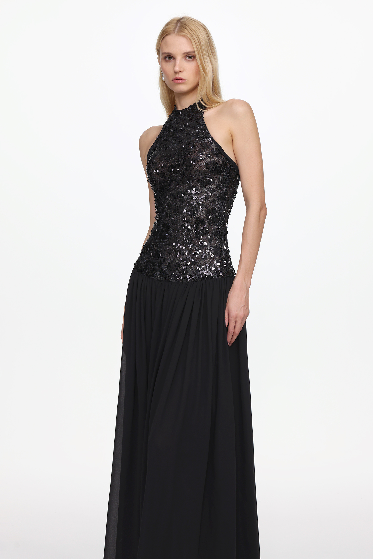 Encho Glamorous Contour Halter Ruched Mesh Sequin Maxi Dress