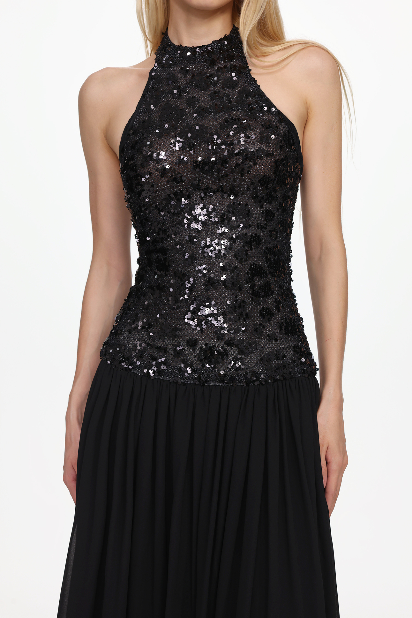 Encho Glamorous Contour Halter Ruched Mesh Sequin Maxi Dress