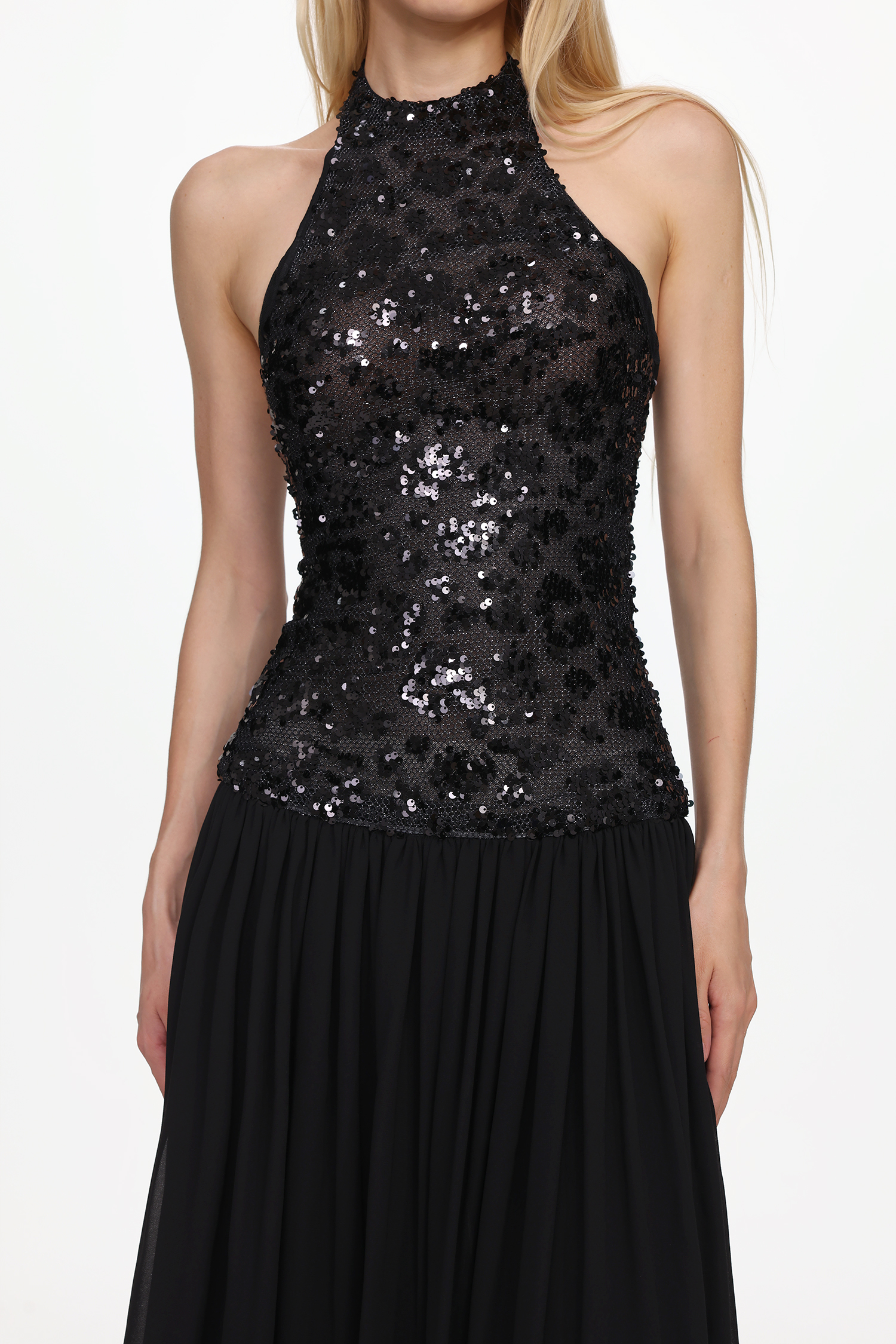 Encho Glamorous Contour Halter Ruched Mesh Sequin Maxi Dress