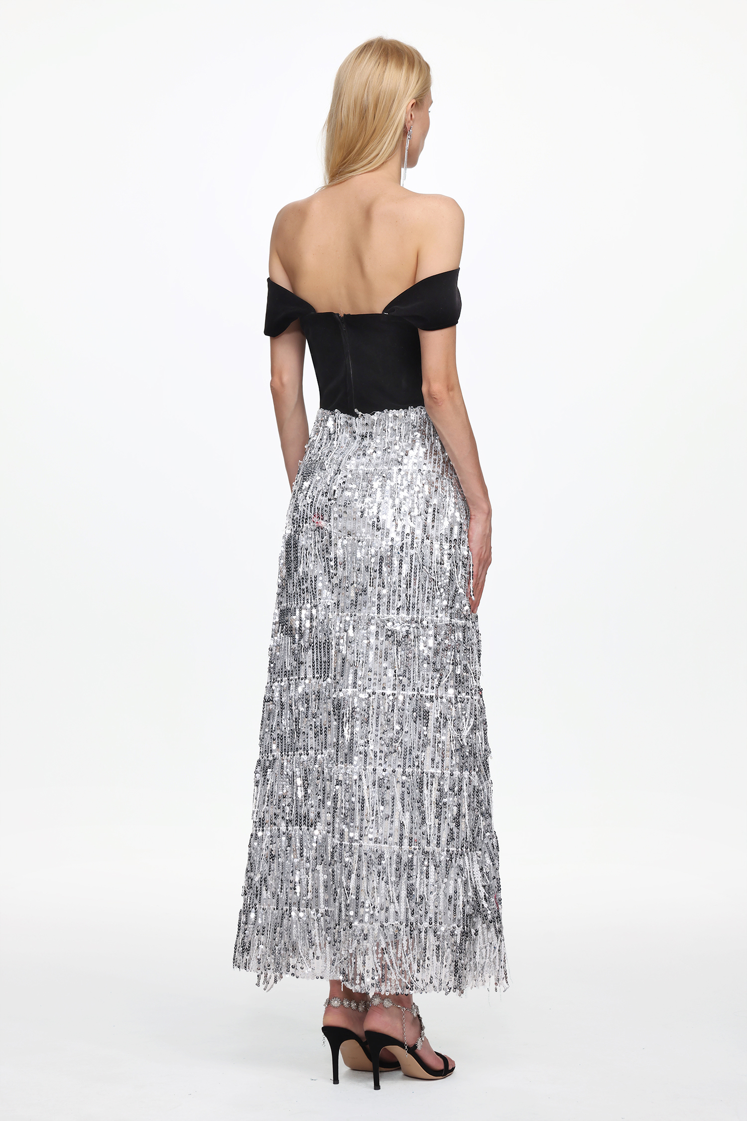 Merrit Glamorous Contour Off Shoulder Fringe Velvet Maxi Dress