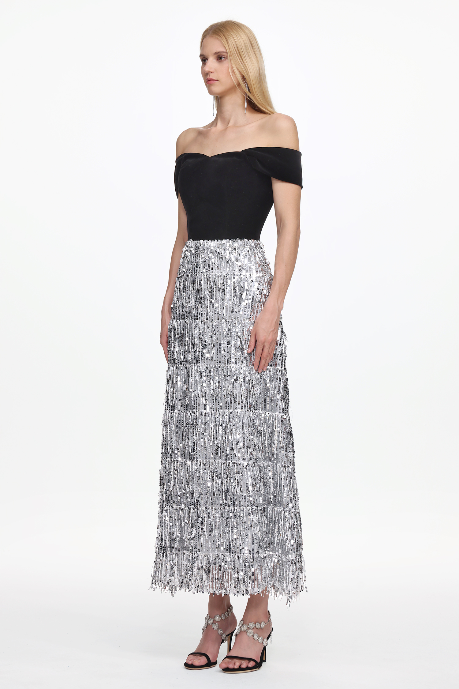 Merrit Glamorous Contour Off Shoulder Fringe Velvet Maxi Dress