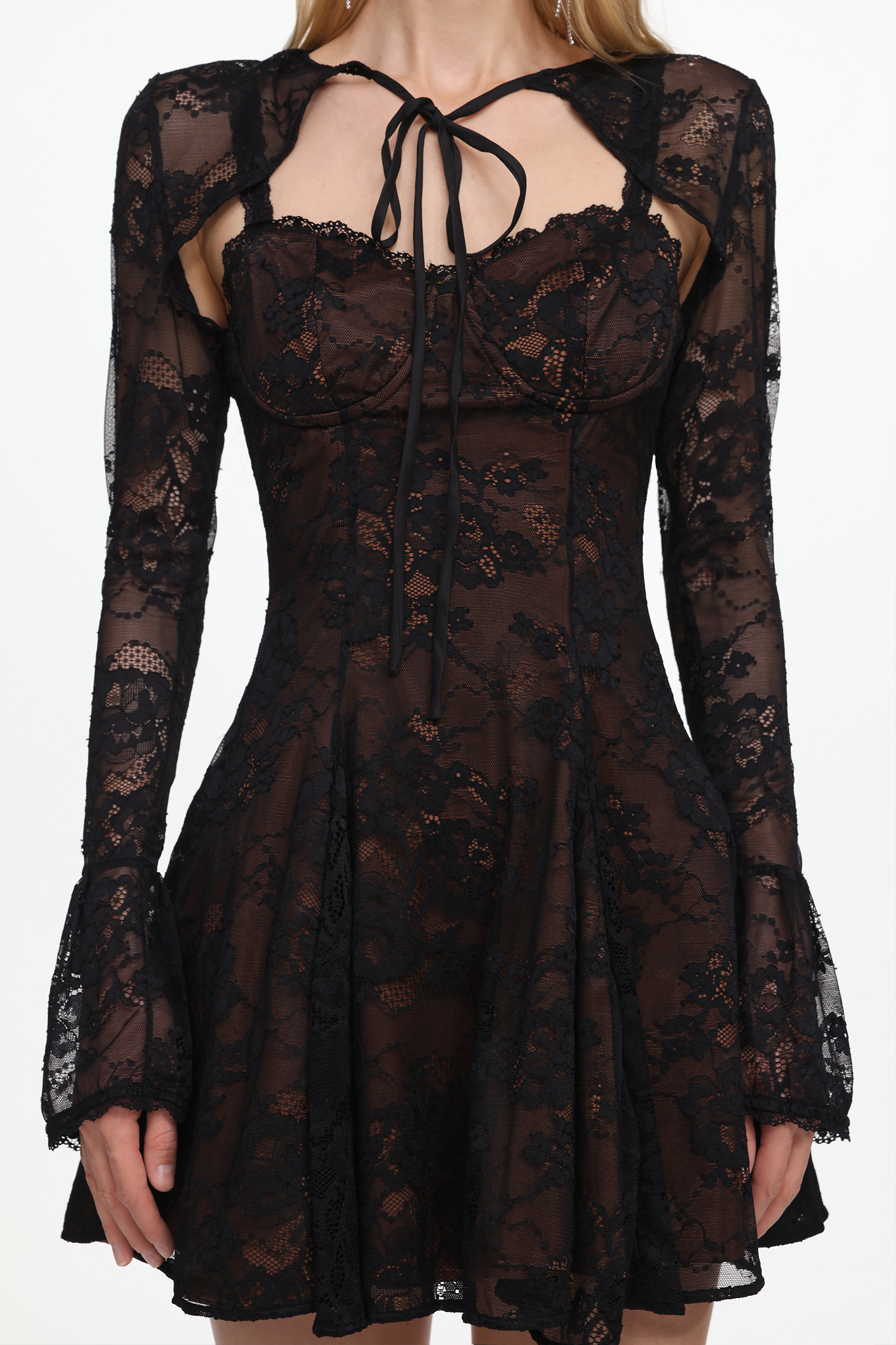 Kiera Romantic Flowy Long Sleeve Lace Mini Dress