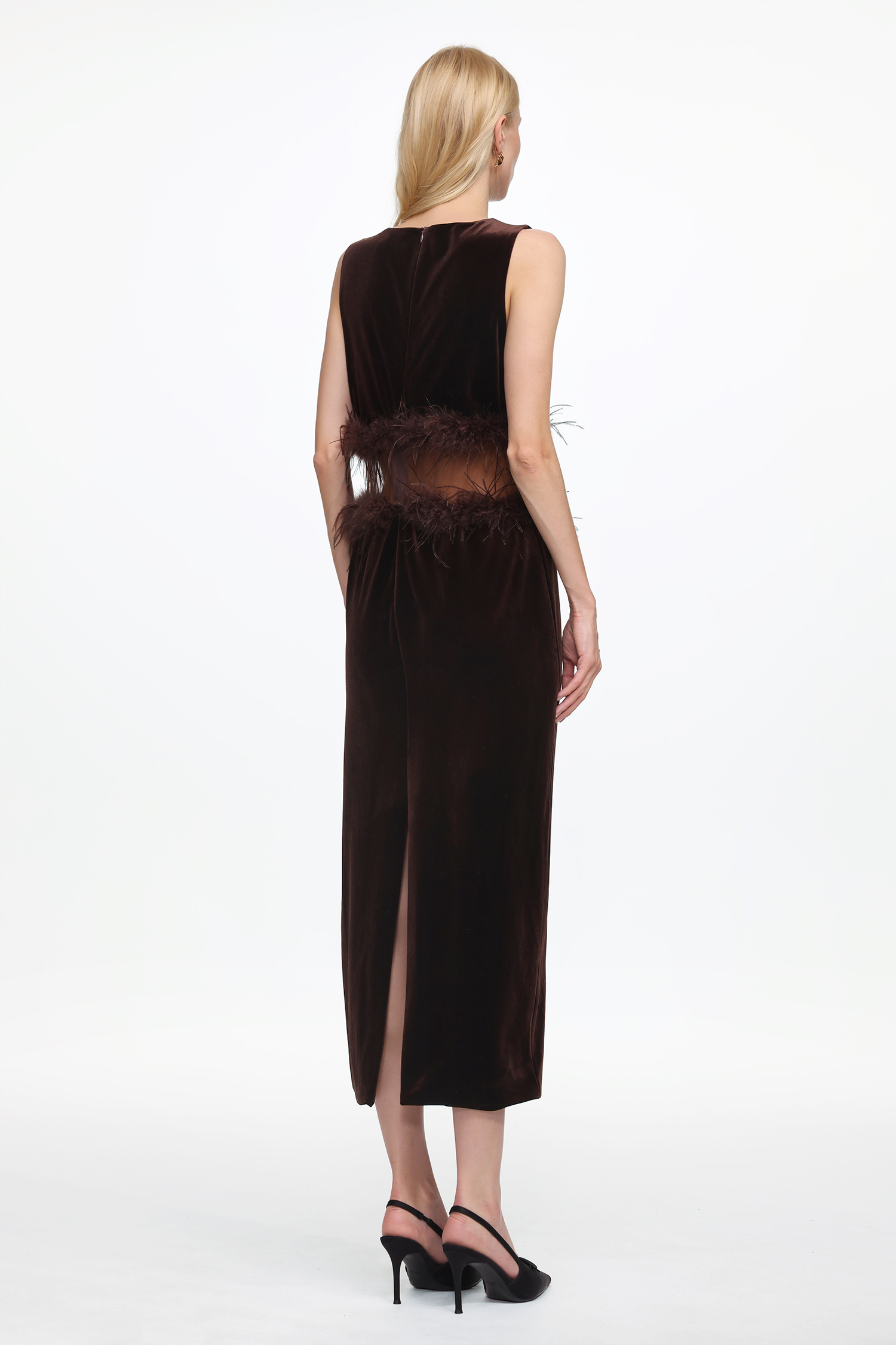 Eugenia Chic Contour Sleeveless Cut Out Feather Velvet Maxi Dress