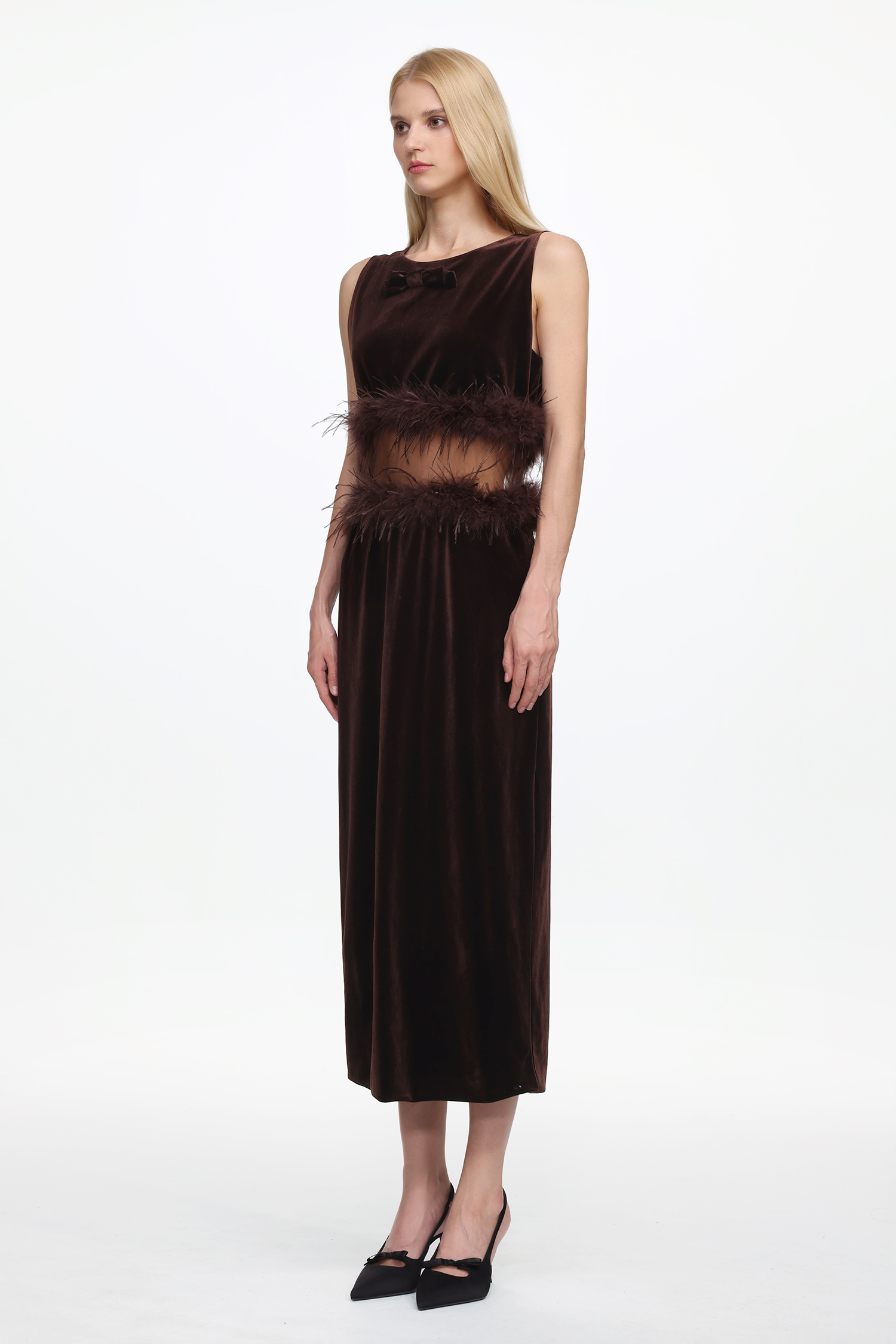 Eugenia Chic Contour Sleeveless Cut Out Feather Velvet Maxi Dress