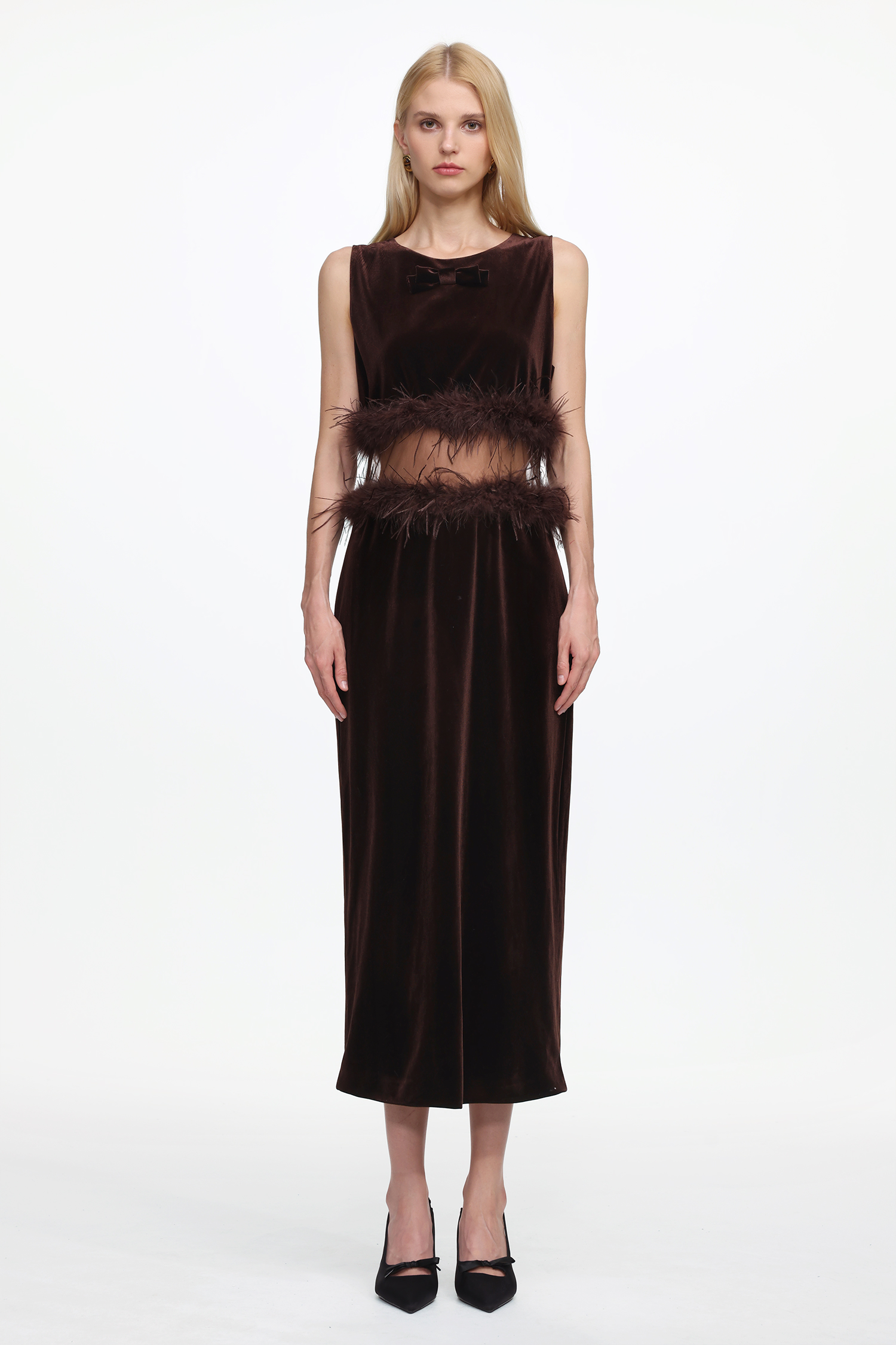 Eugenia Chic Contour Sleeveless Cut Out Feather Velvet Maxi Dress