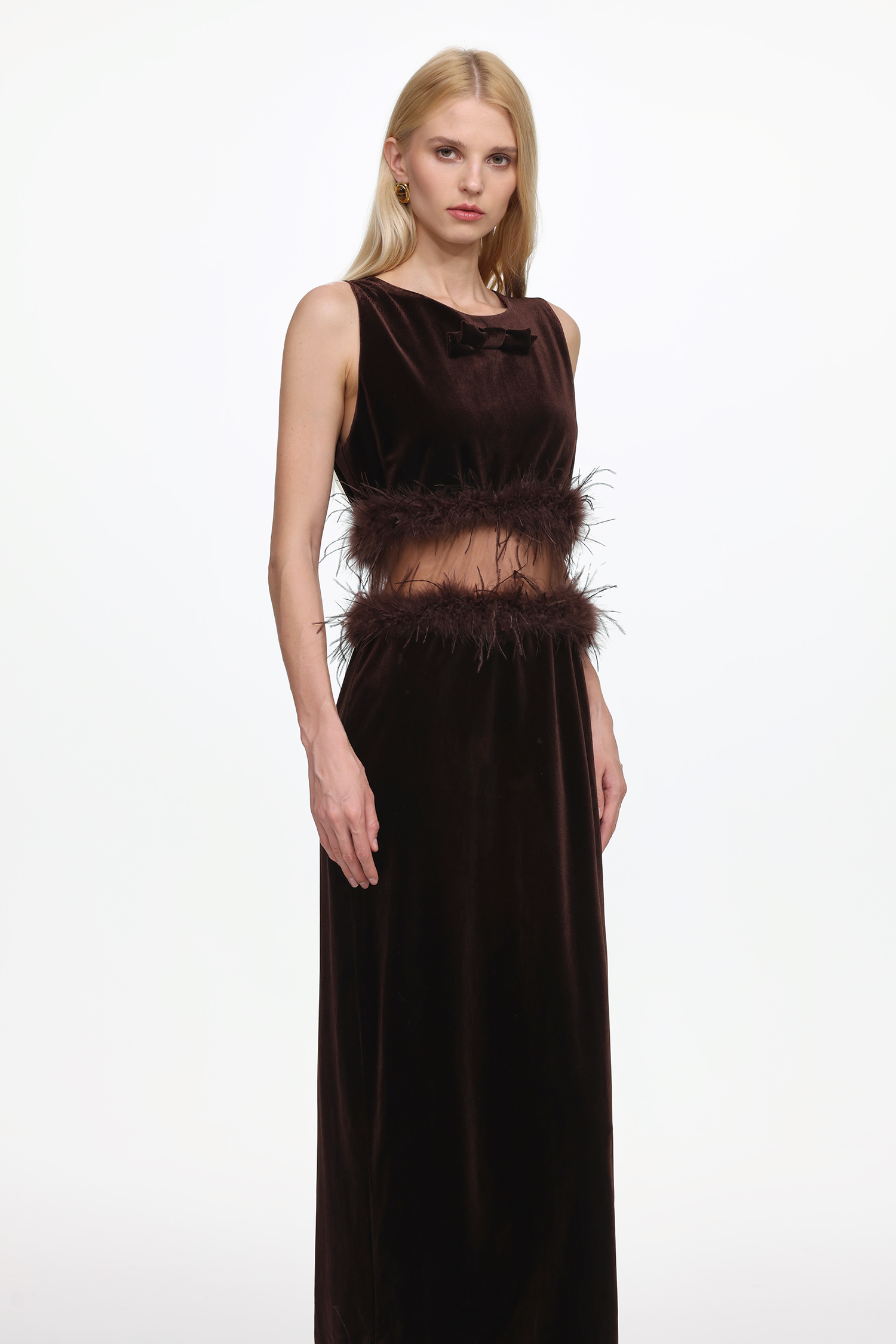 Eugenia Chic Contour Sleeveless Cut Out Feather Velvet Maxi Dress