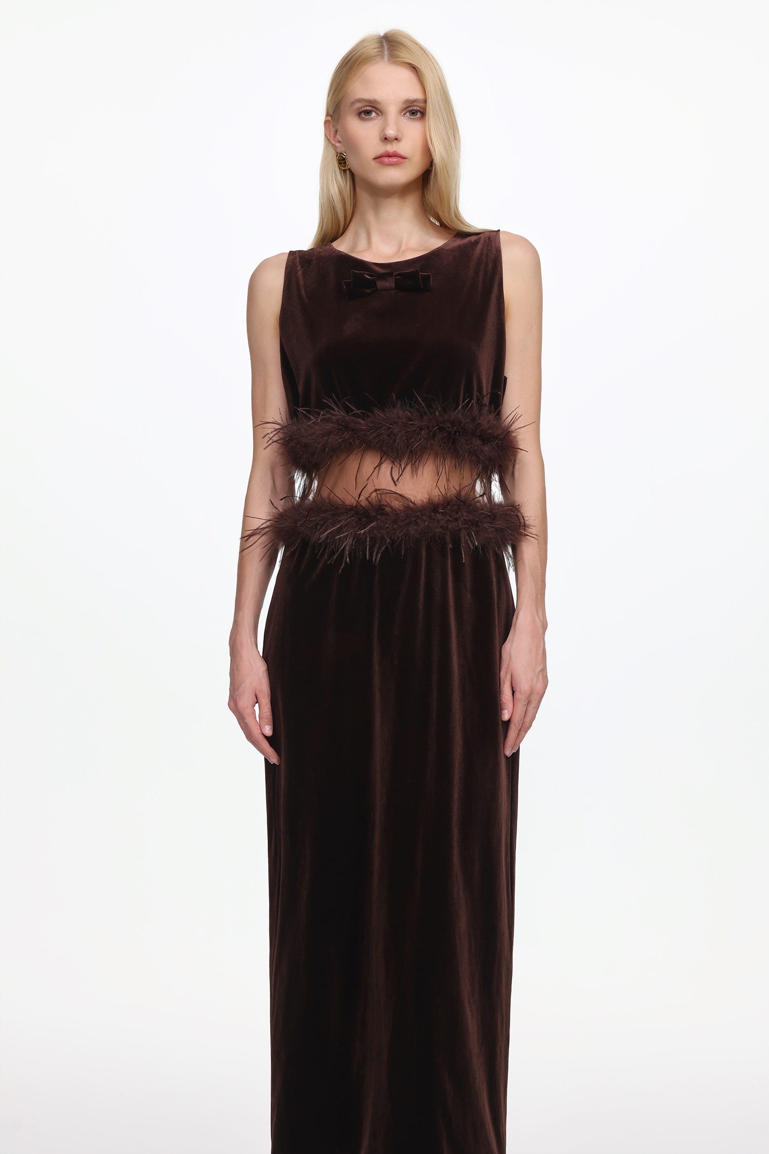 Eugenia Chic Contour Sleeveless Cut Out Feather Velvet Maxi Dress
