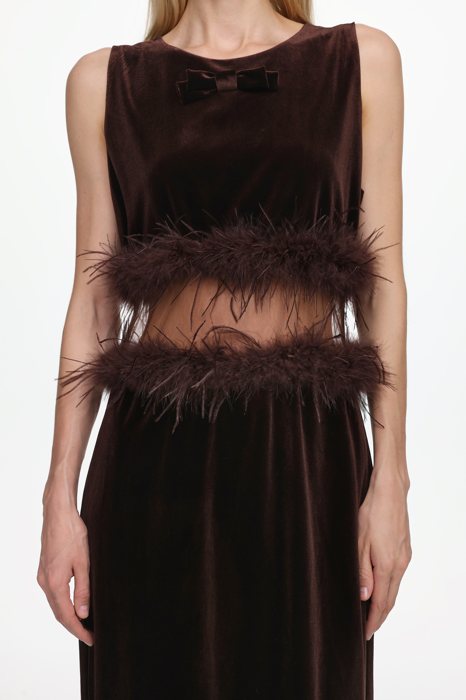 Eugenia Chic Contour Sleeveless Cut Out Feather Velvet Maxi Dress