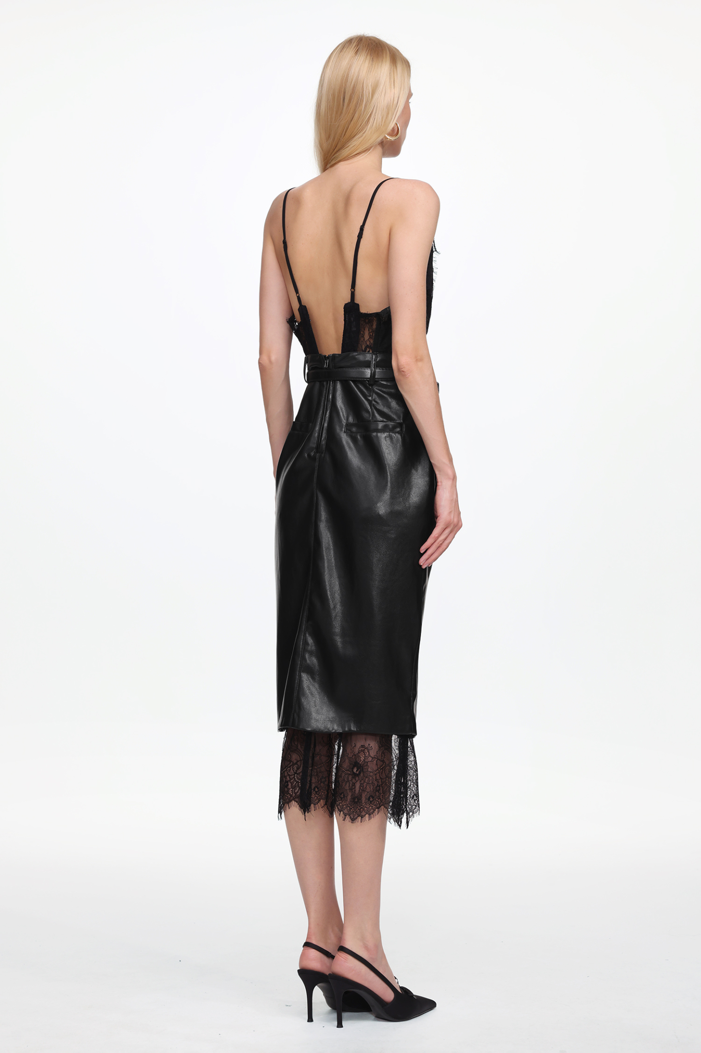 Maci Sexy Flowy V Neck Sleeveless Lace Faux Leather Midi Dress