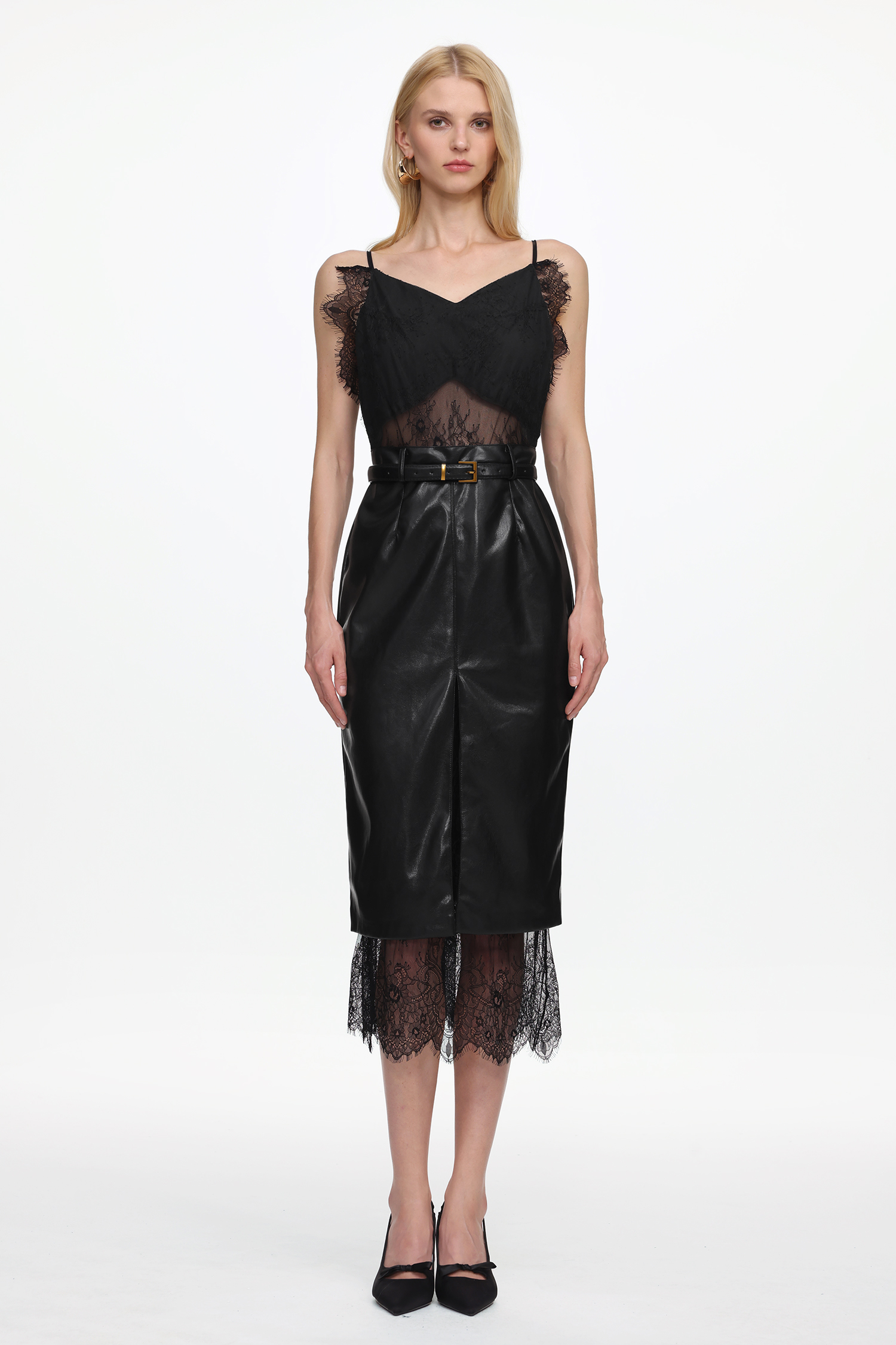 Maci Sexy Flowy V Neck Sleeveless Lace Faux Leather Midi Dress