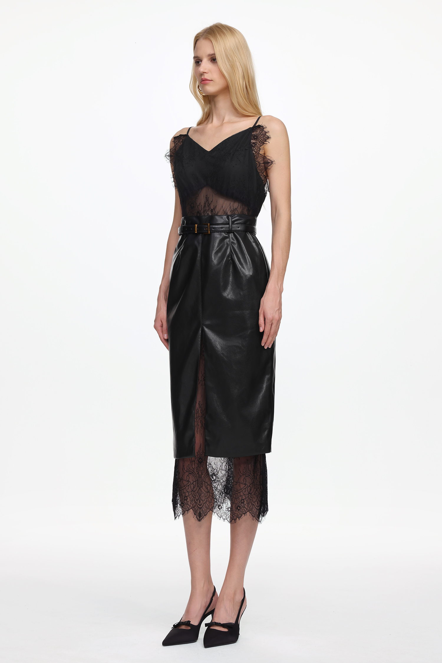 Maci Sexy Flowy V Neck Sleeveless Lace Faux Leather Midi Dress