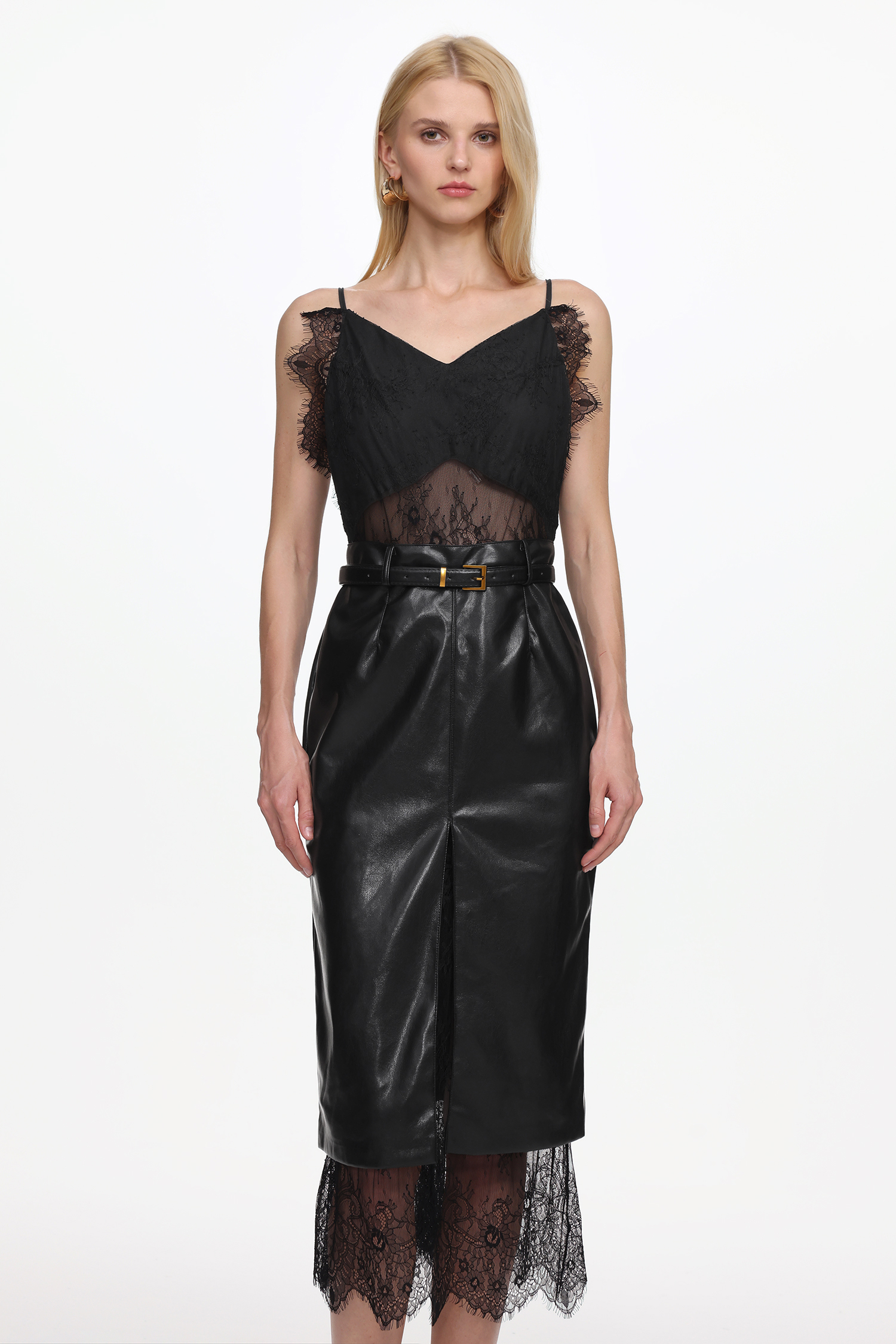 Maci Sexy Flowy V Neck Sleeveless Lace Faux Leather Midi Dress