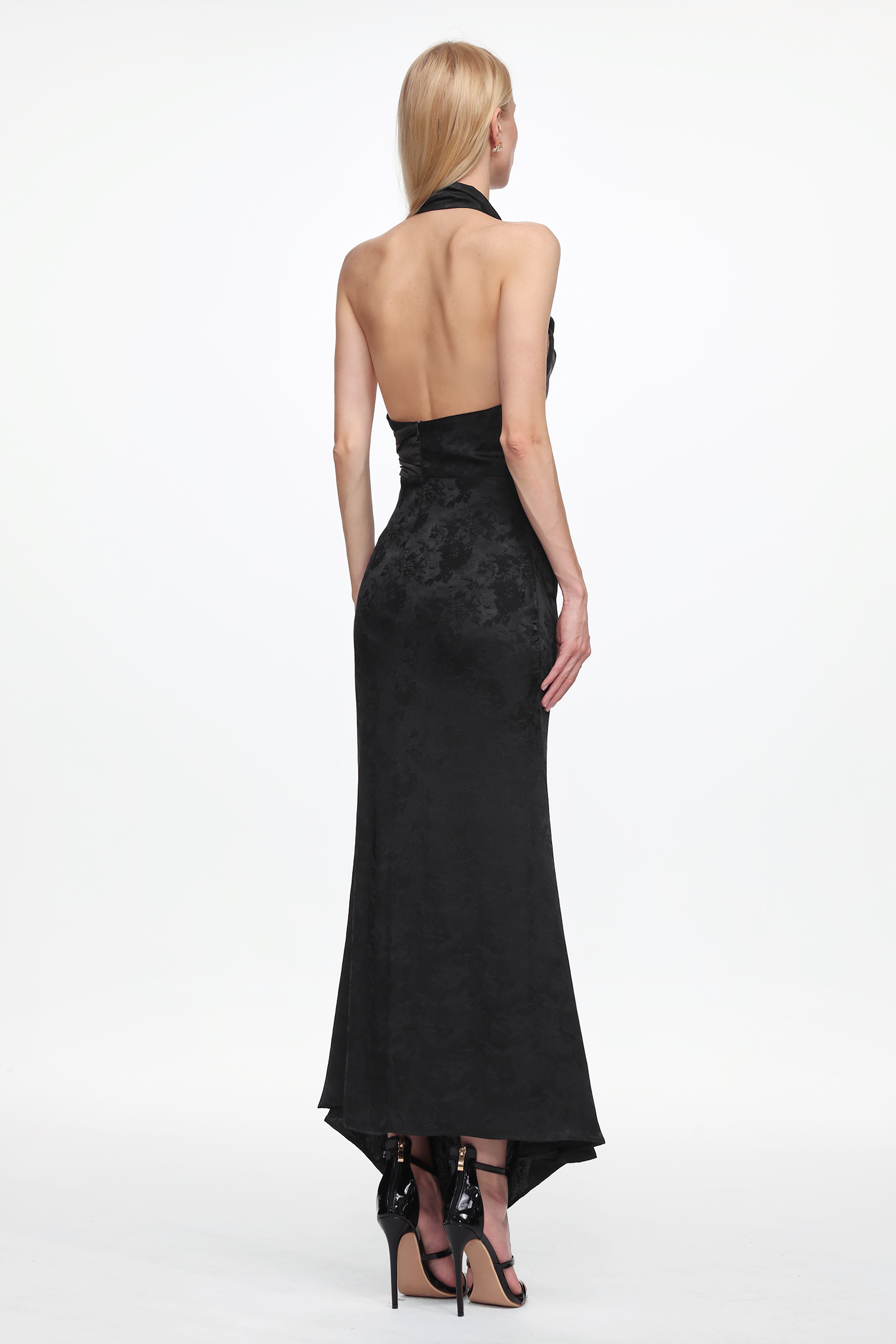 Enya Elegant Flowy Sleeveless Metal Chain Ruched Satin Maxi Dress