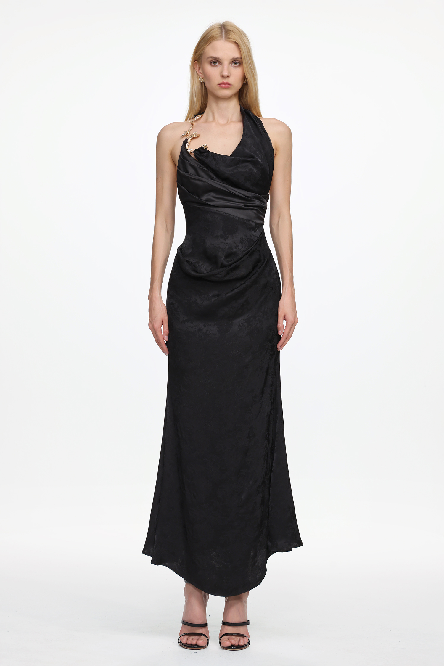 Enya Elegant Flowy Sleeveless Metal Chain Ruched Satin Maxi Dress