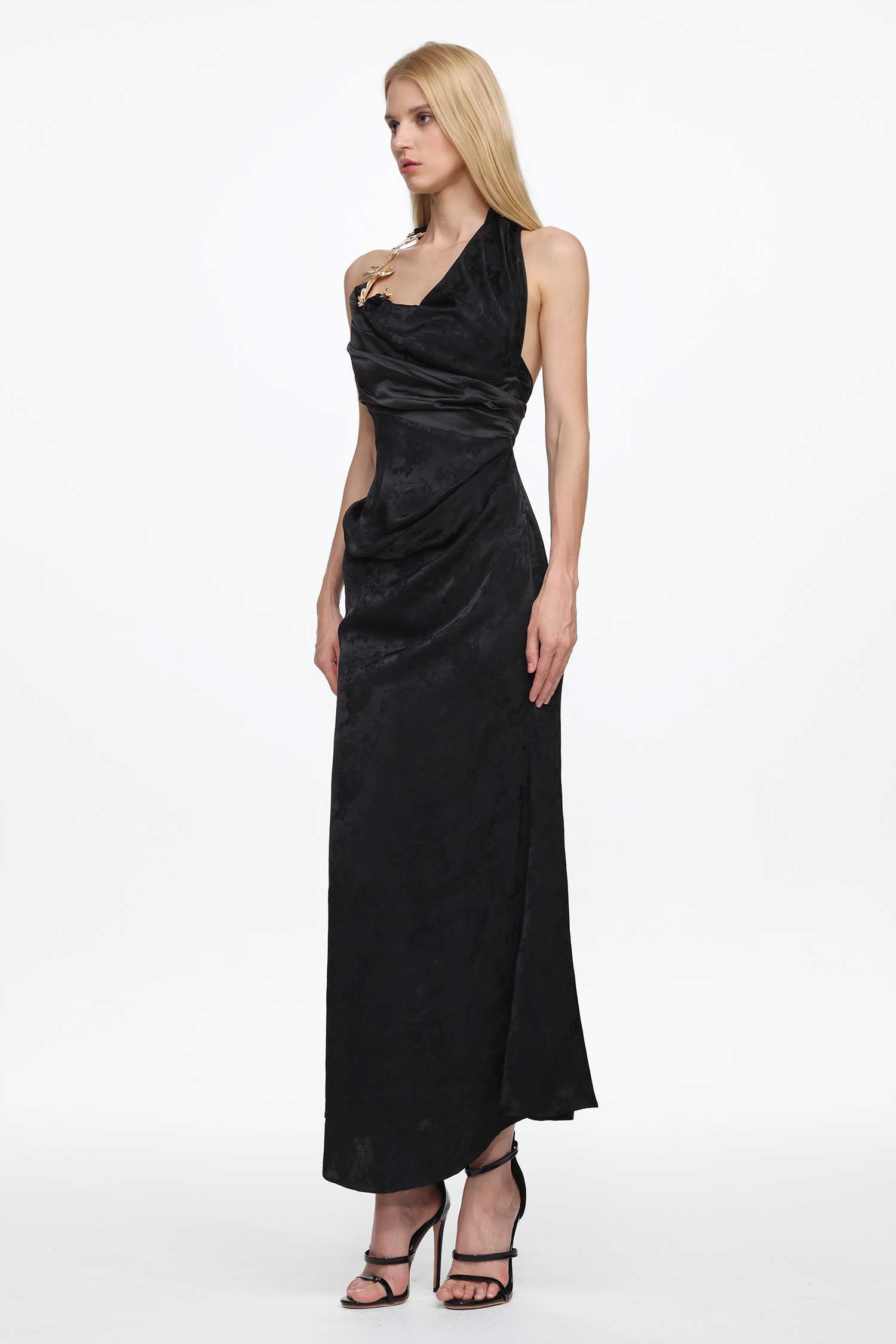 Enya Elegant Flowy Sleeveless Metal Chain Ruched Satin Maxi Dress