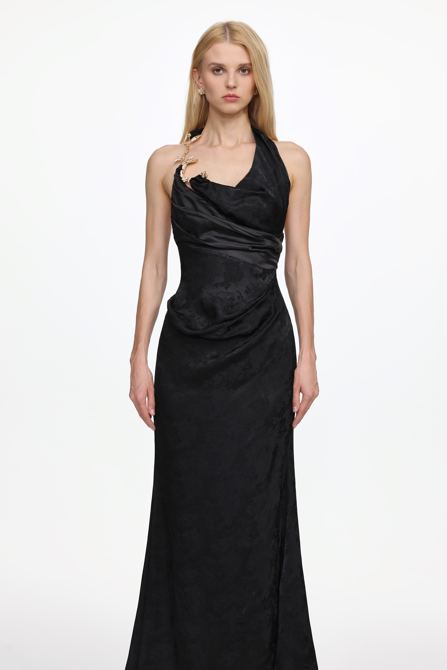 Enya Elegant Flowy Sleeveless Metal Chain Ruched Satin Maxi Dress