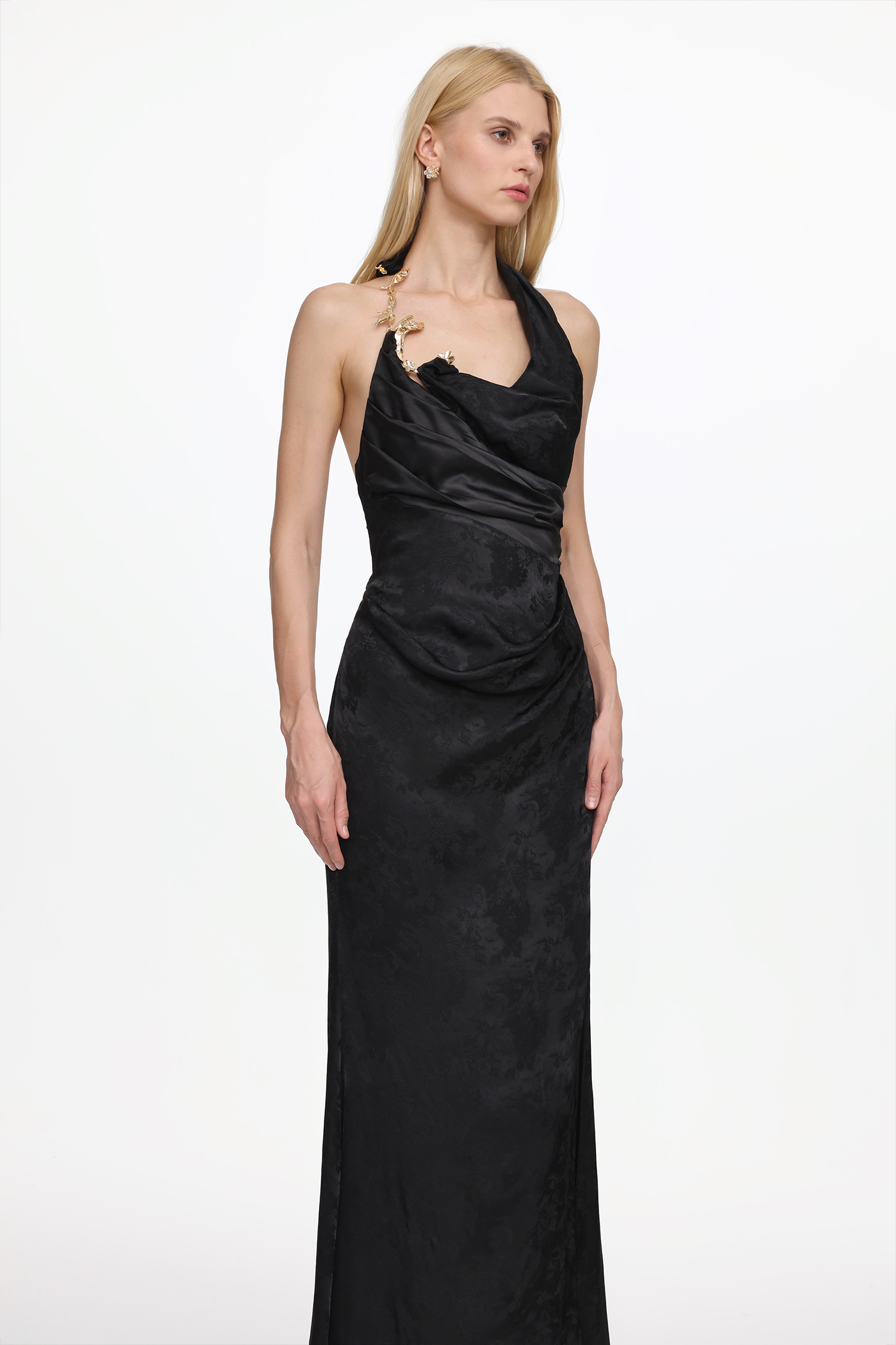 Enya Elegant Flowy Sleeveless Metal Chain Ruched Satin Maxi Dress