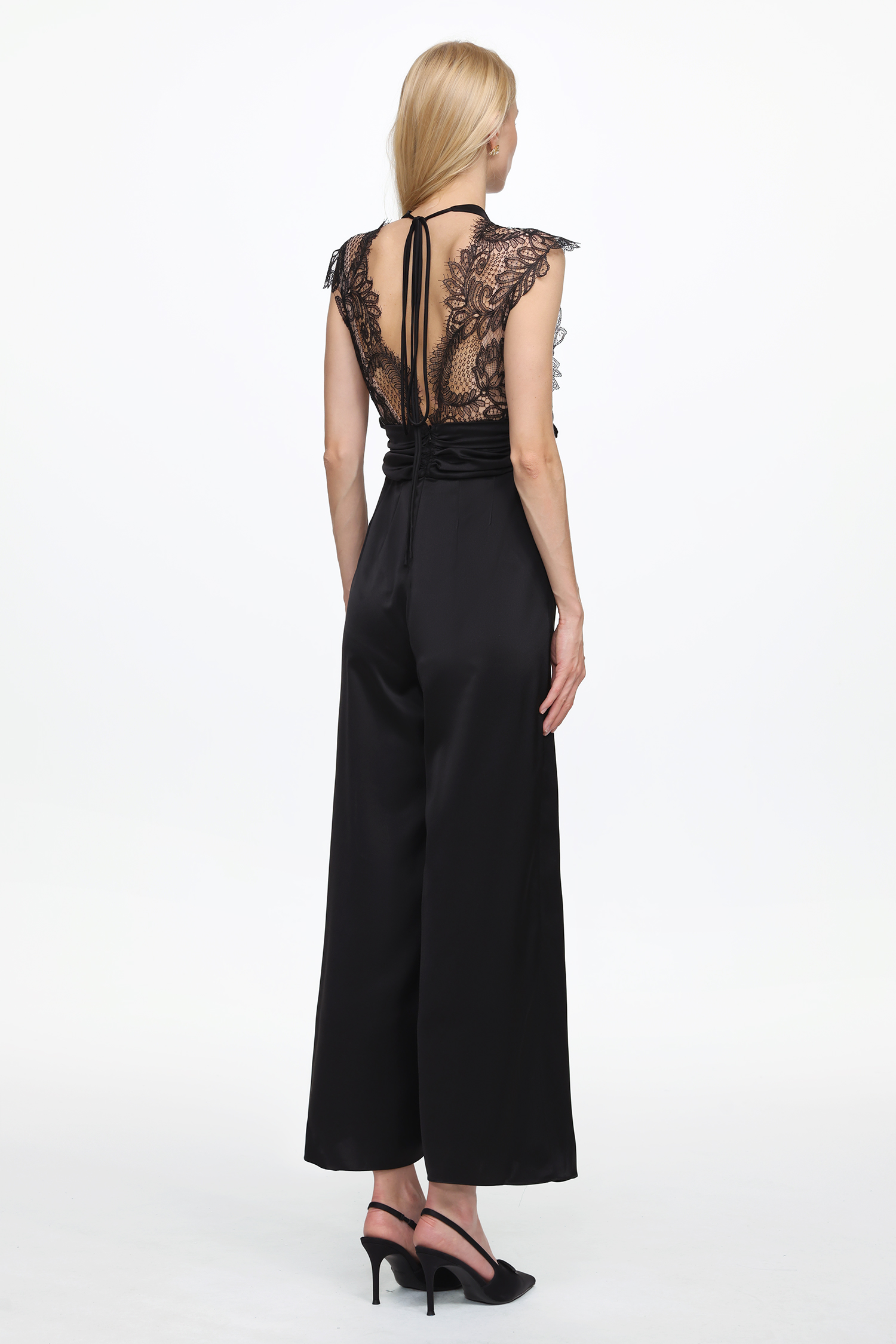 Opala Elegant Flowy Halter Open Back Lace Satin Jump Suit