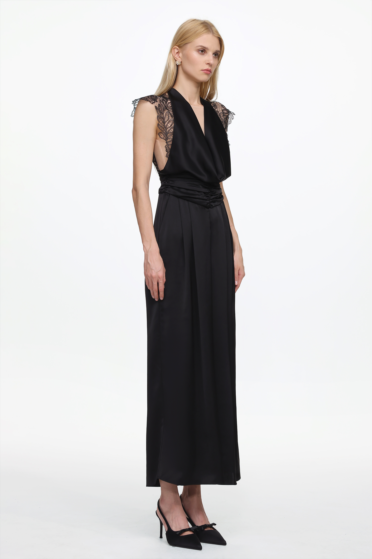 Opala Elegant Flowy Halter Open Back Lace Satin Jump Suit