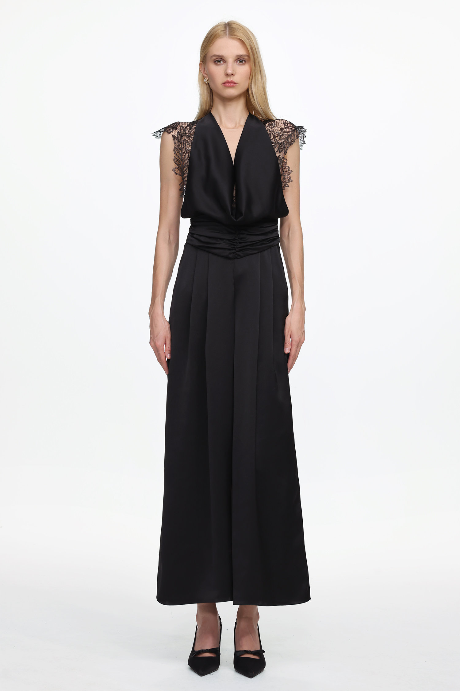 Opala Elegant Flowy Halter Open Back Lace Satin Jump Suit