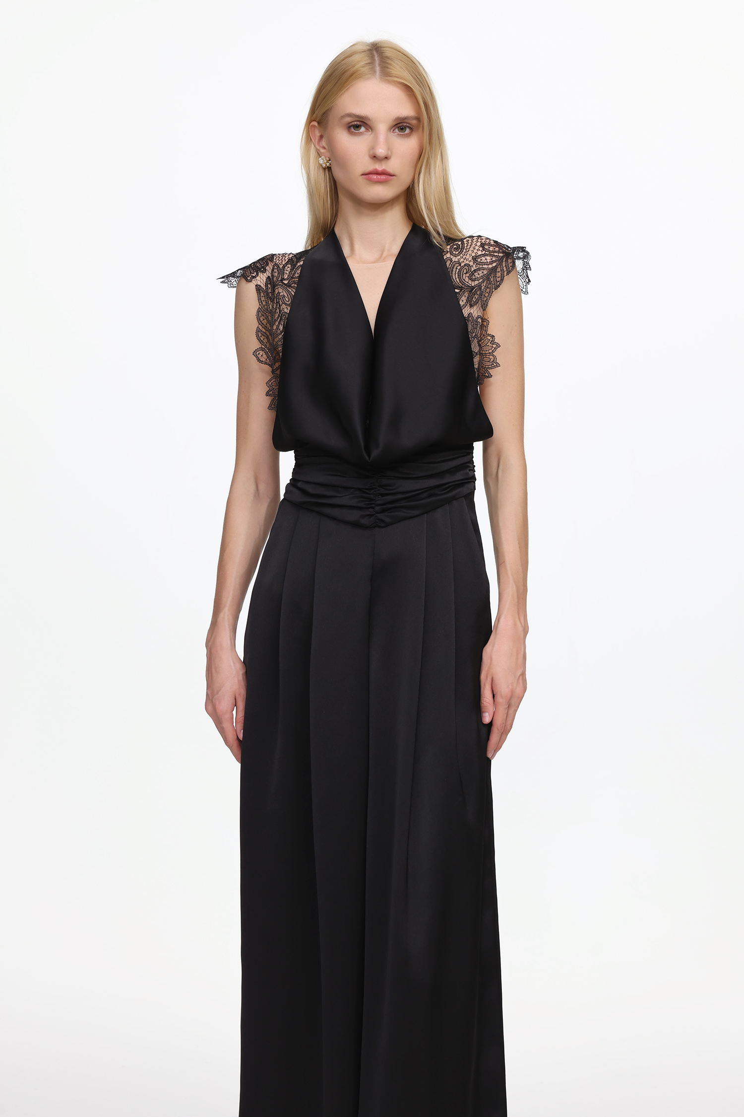 Opala Elegant Flowy Halter Open Back Lace Satin Jump Suit