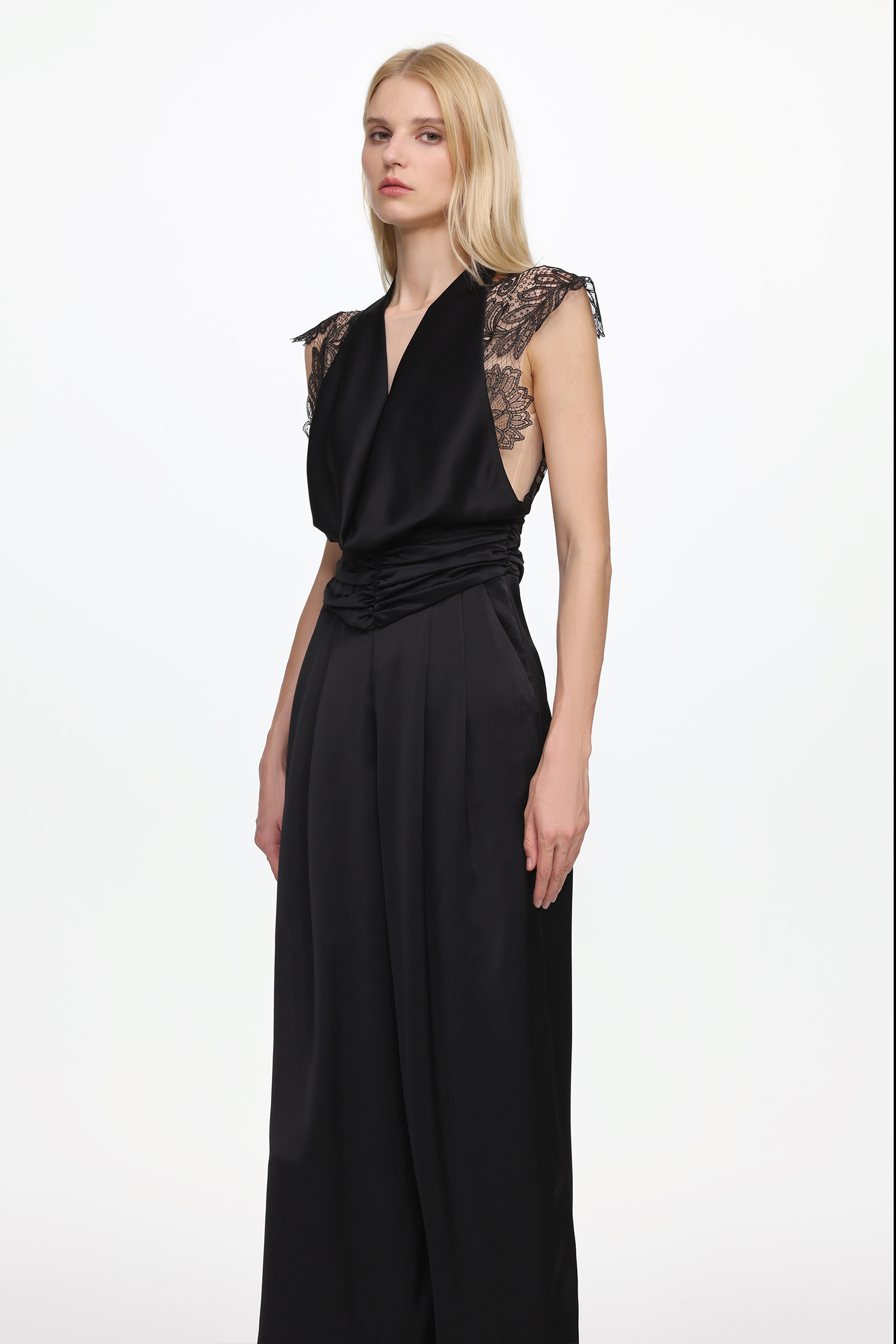 Opala Elegant Flowy Halter Open Back Lace Satin Jump Suit