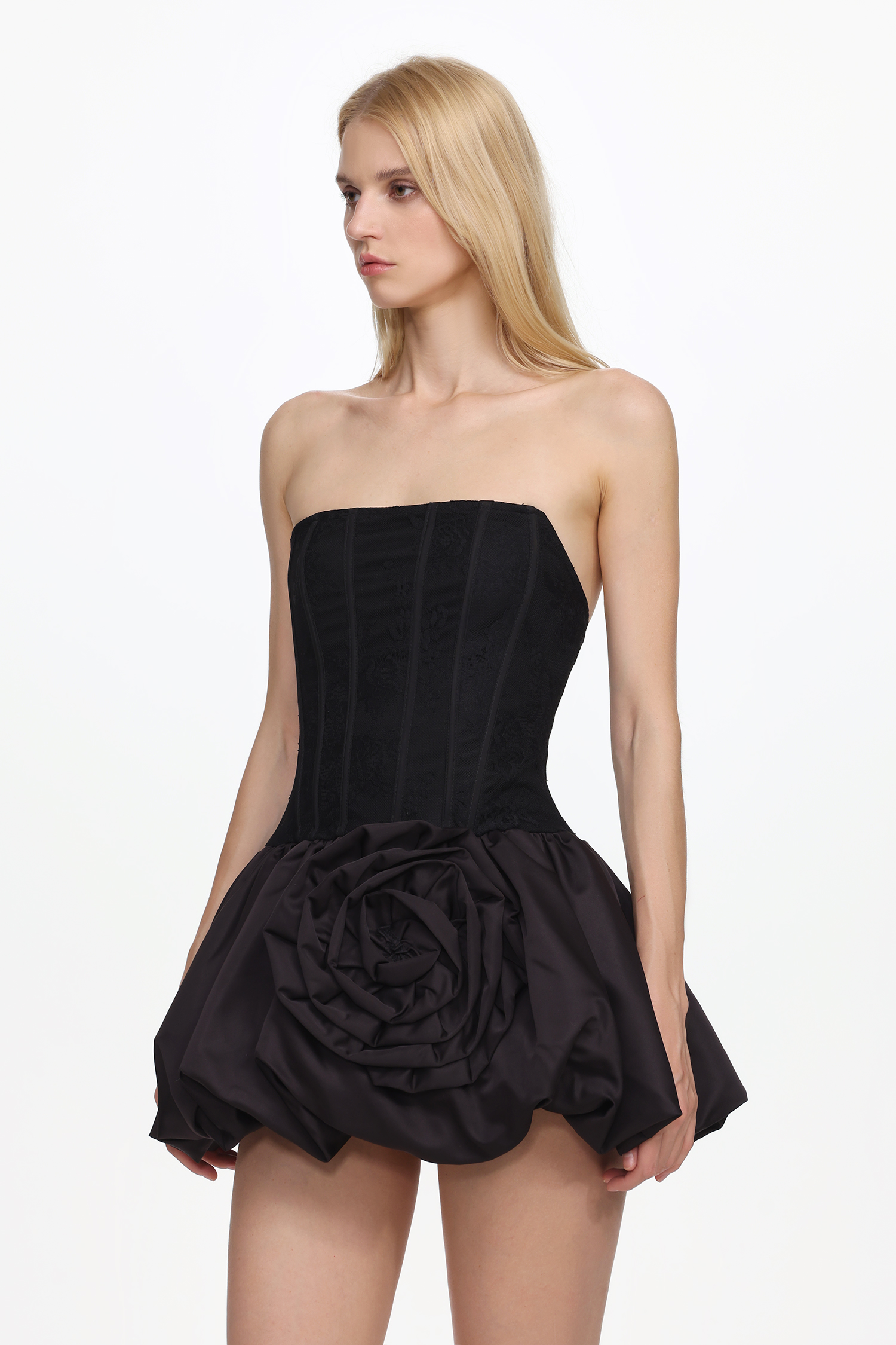 Lzada Romantic Contour Strapless Floral Lace Corset Black Mini Dress