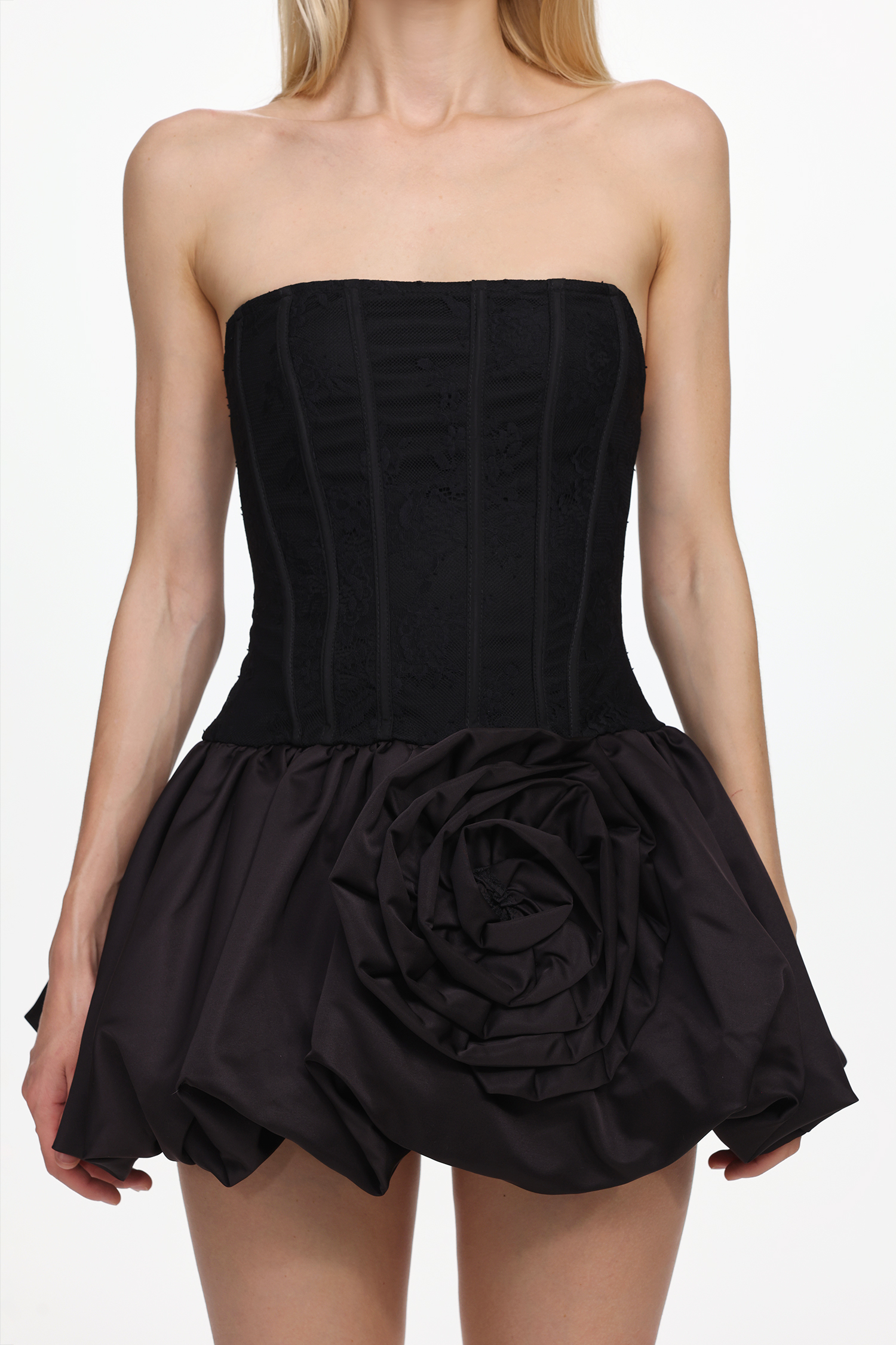 Lzada Romantic Contour Strapless Floral Lace Corset Black Mini Dress