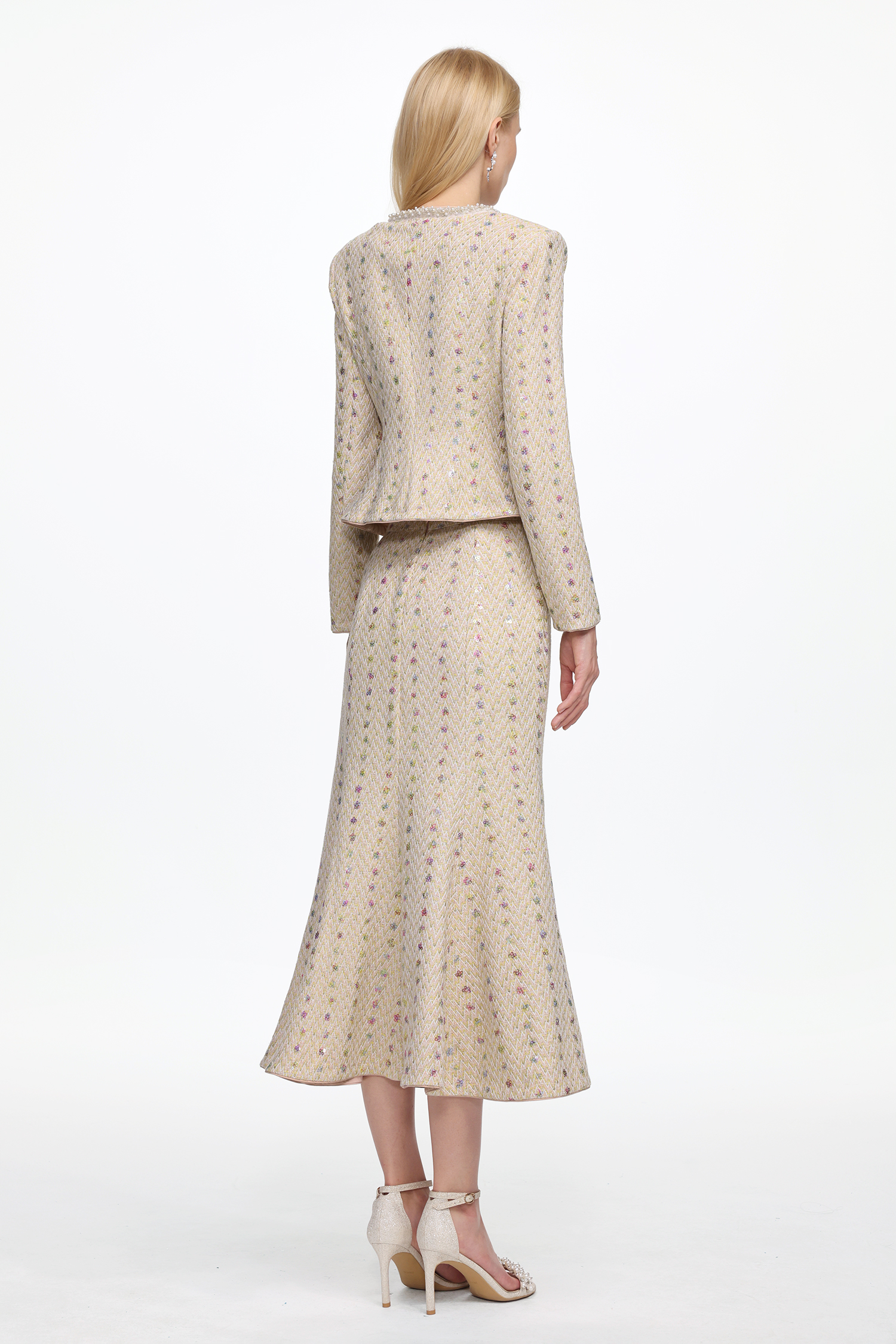 Rilia Elegant Tailored Long Sleeve Pearl Tweed Jacket and Skirt Set