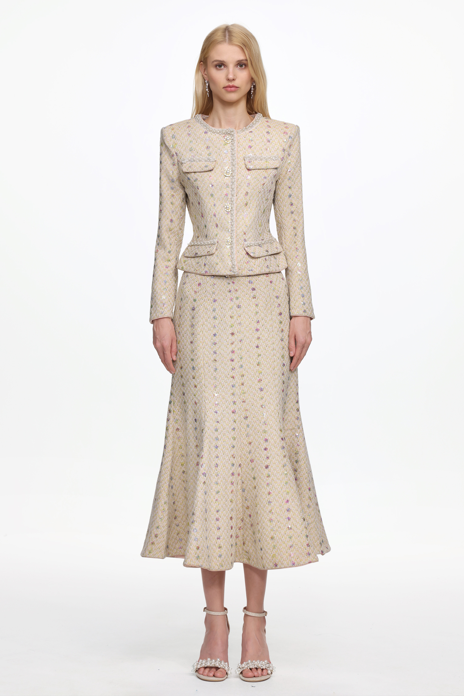 Rilia Elegant Tailored Long Sleeve Pearl Tweed Jacket and Skirt Set