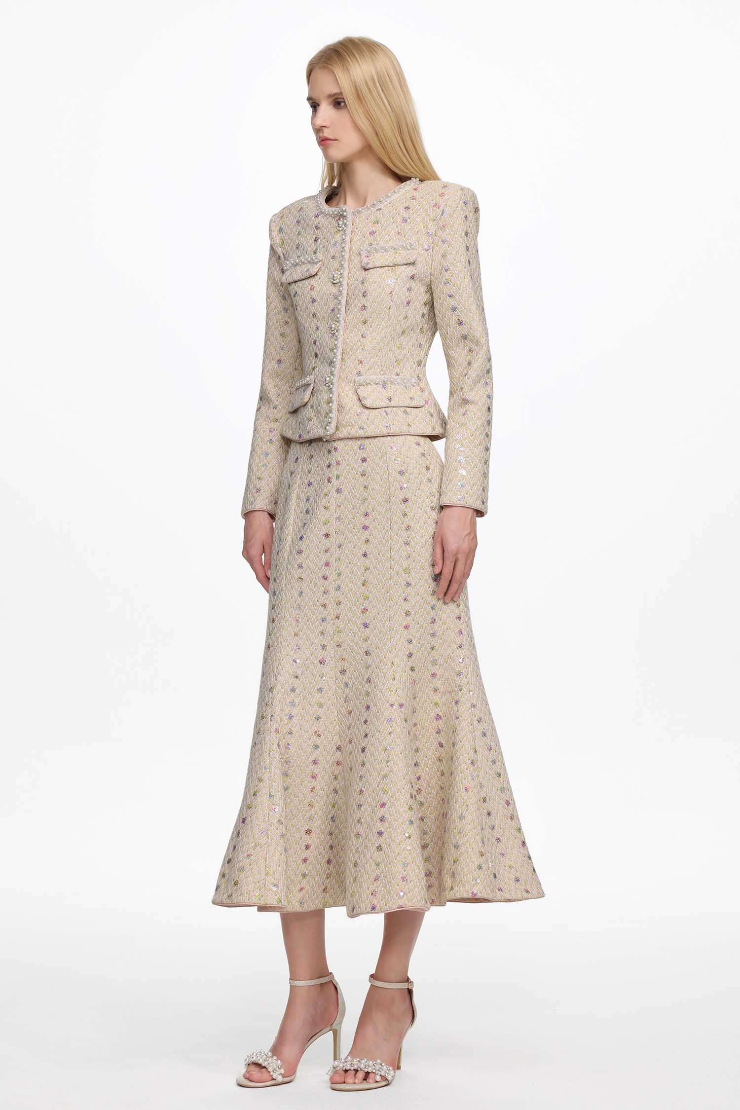Rilia Elegant Tailored Long Sleeve Pearl Tweed Jacket and Skirt Set