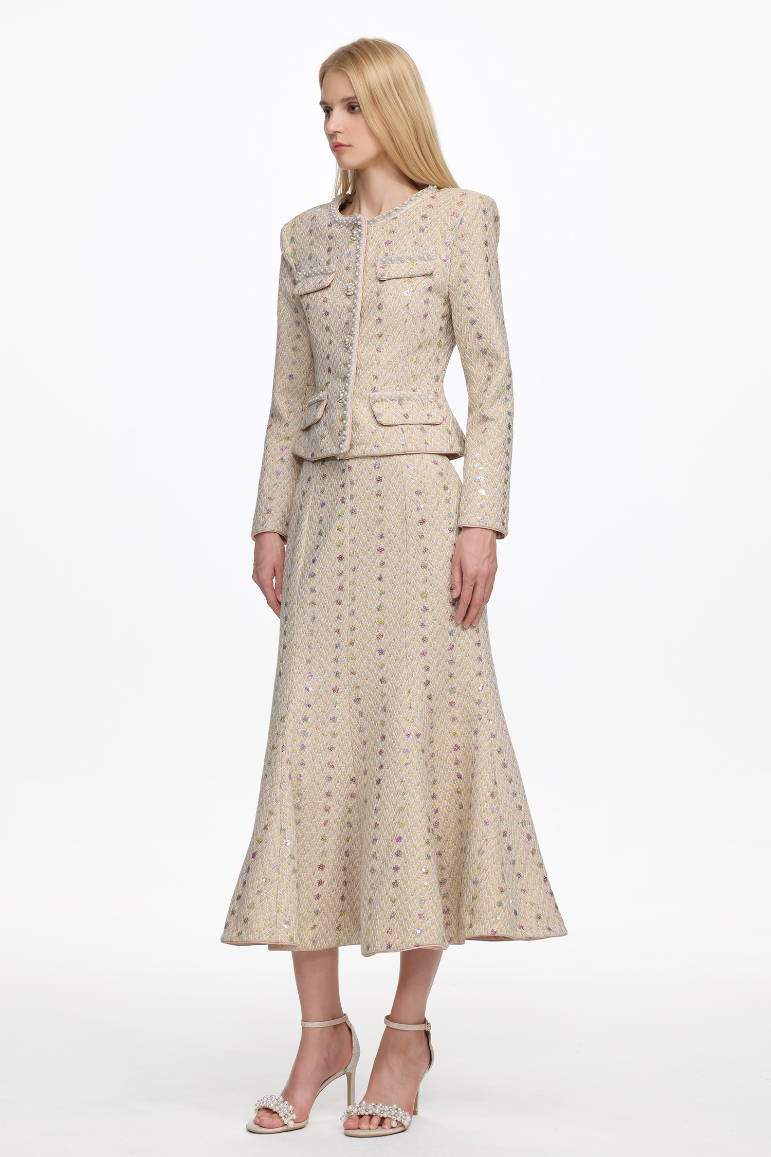 Rilia Elegant Tailored Long Sleeve Pearl Tweed Jacket and Skirt Set