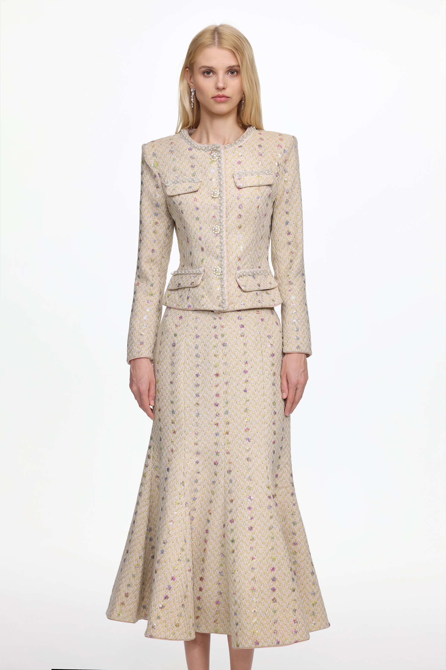 Rilia Elegant Tailored Long Sleeve Pearl Tweed Jacket and Skirt Set