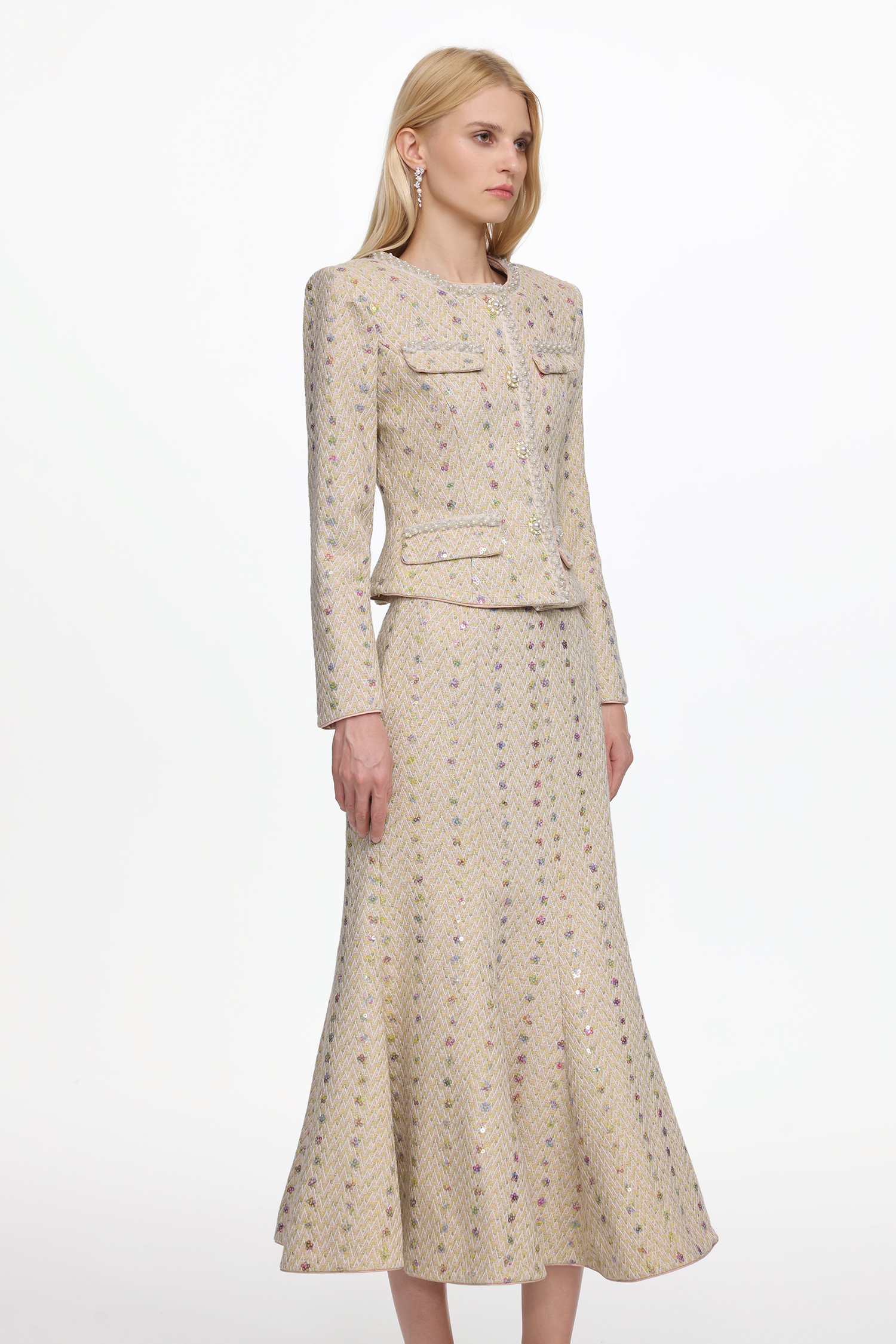 Rilia Elegant Tailored Long Sleeve Pearl Tweed Jacket and Skirt Set