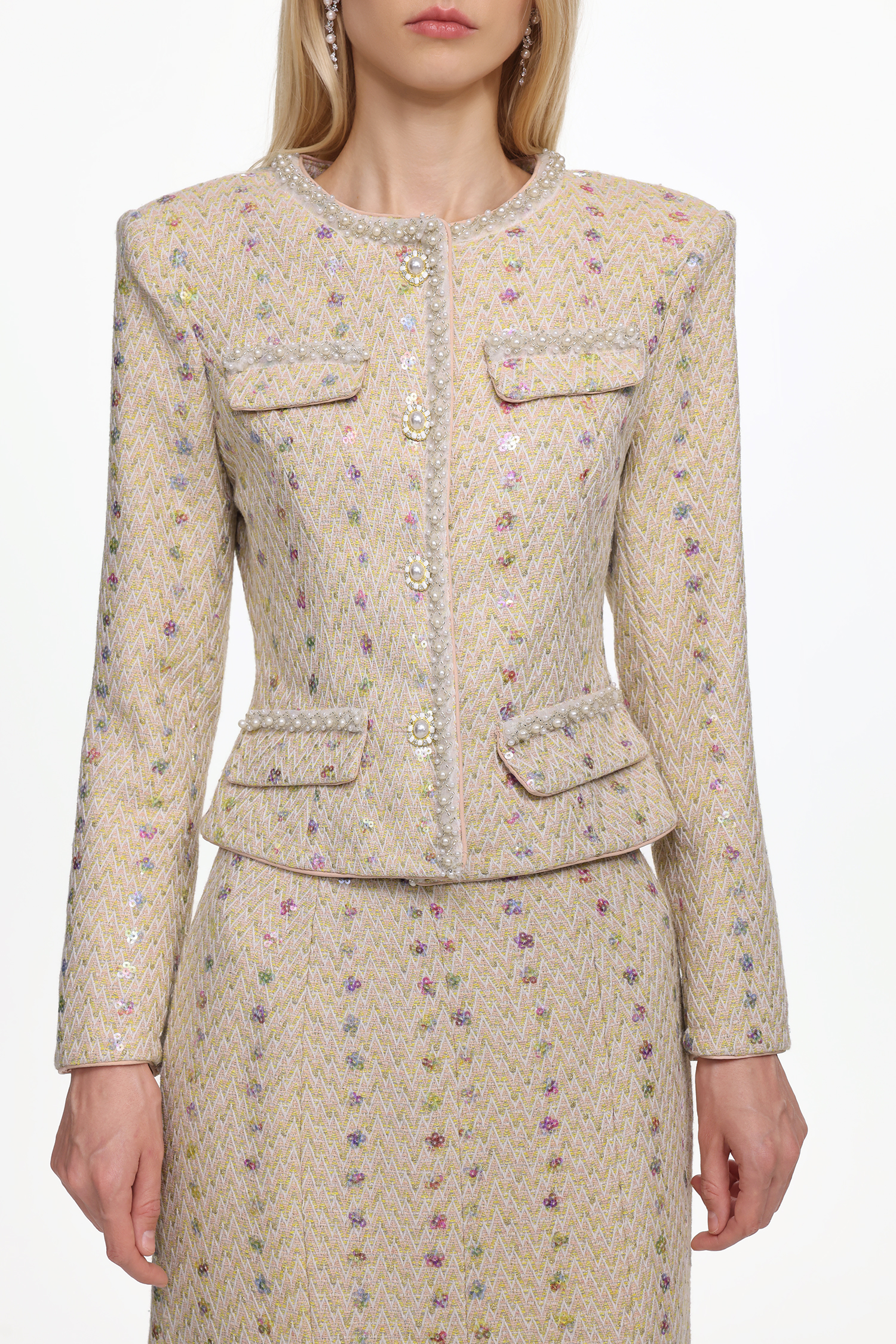 Rilia Elegant Tailored Long Sleeve Pearl Tweed Jacket and Skirt Set