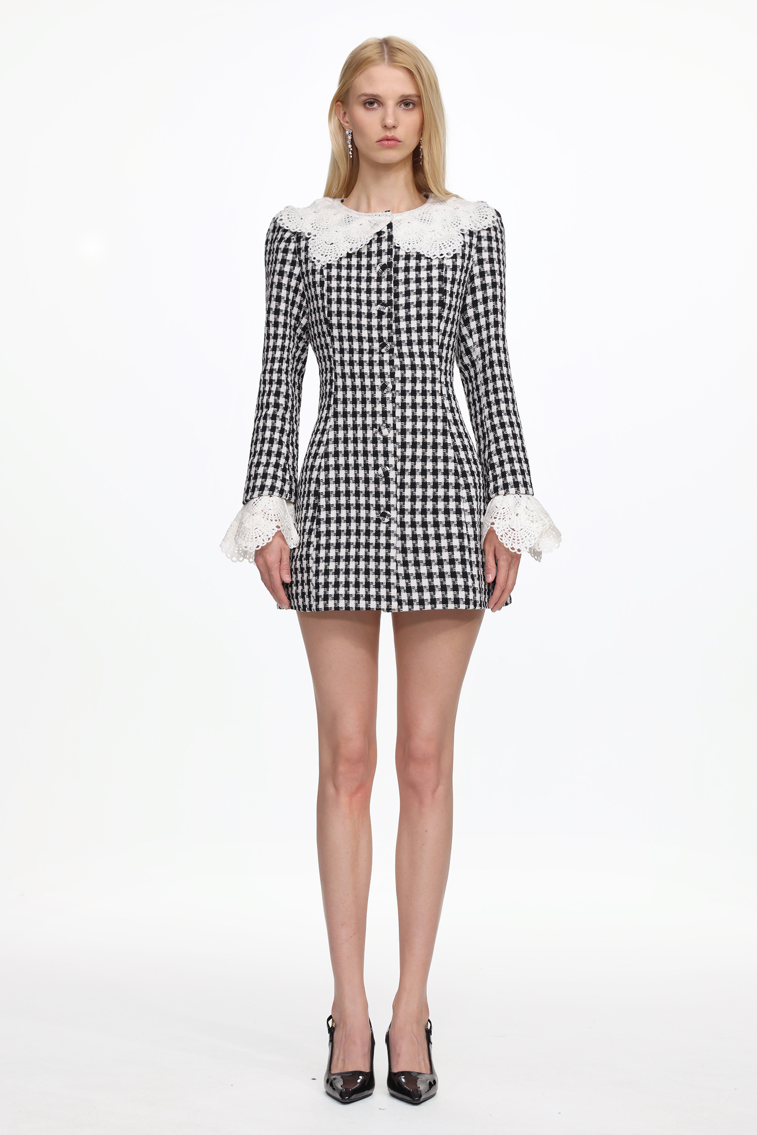 Malvina Romantic Tailored Long Sleeve Lace Houndstooth Mini Dress