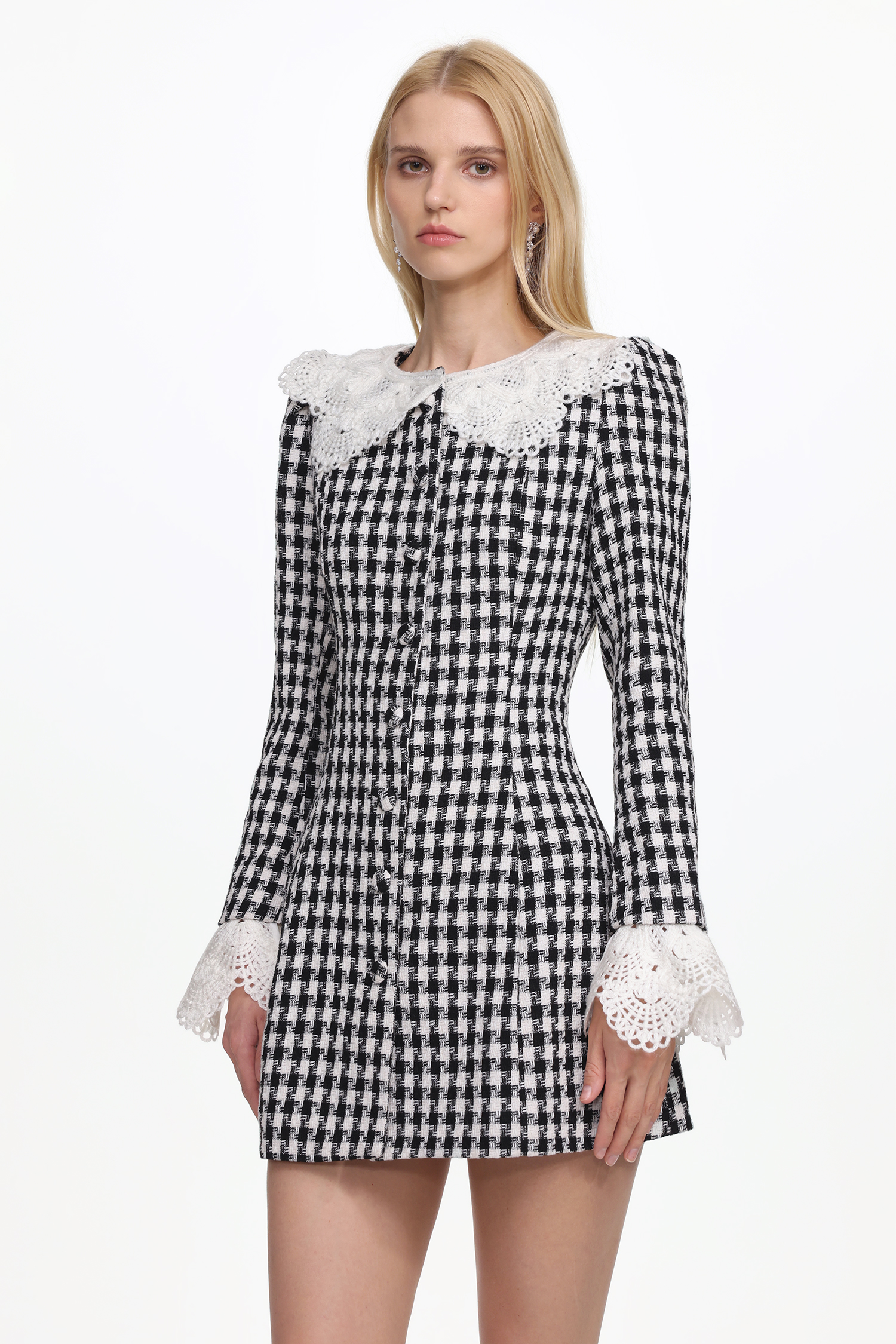 Malvina Romantic Tailored Long Sleeve Lace Houndstooth Mini Dress