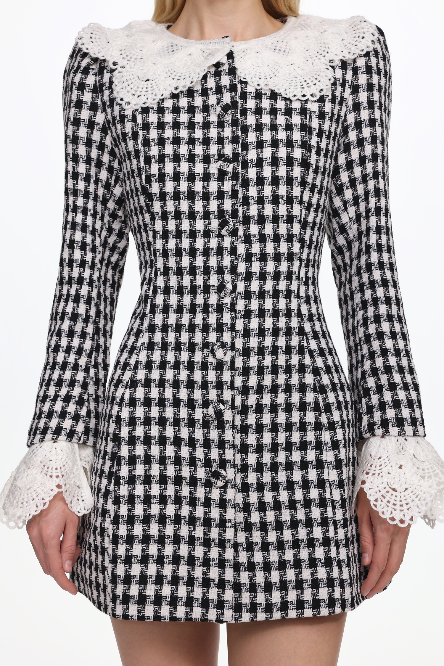 Malvina Romantic Tailored Long Sleeve Lace Houndstooth Mini Dress