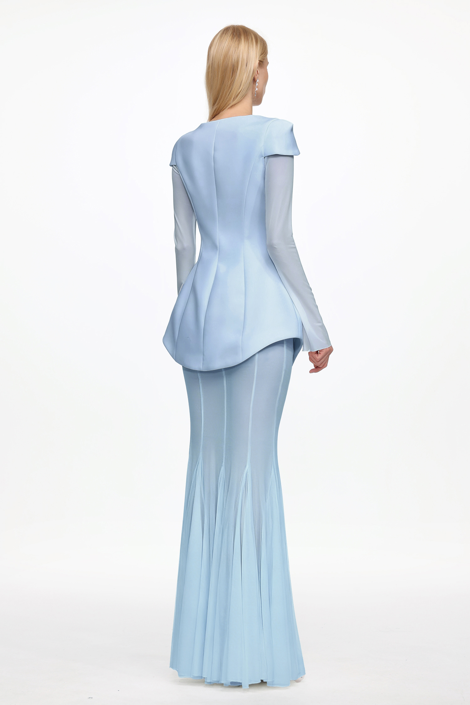 Irana Elegant Tailored Long Sleeve Blue Top and Mesh Skirt Set