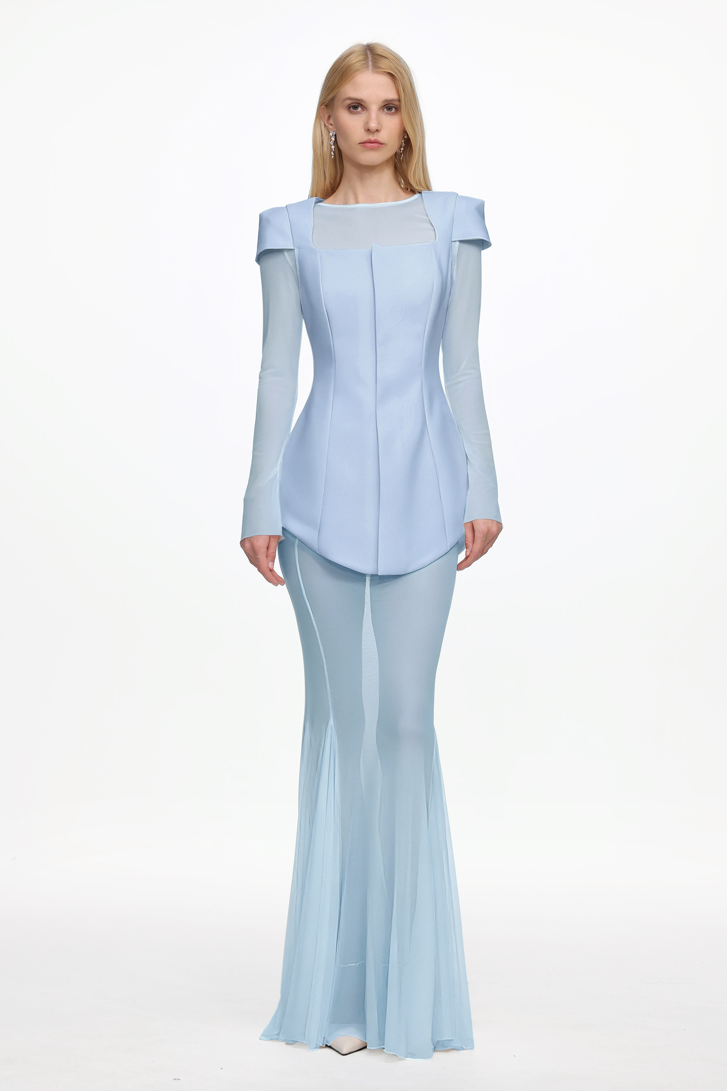 Irana Elegant Tailored Long Sleeve Blue Top and Mesh Skirt Set