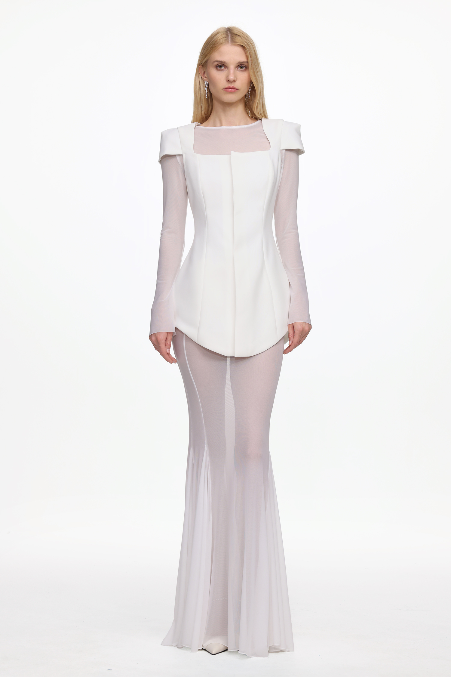 Irana Elegant Tailored Long Sleeve Top and Mesh Skirt Set