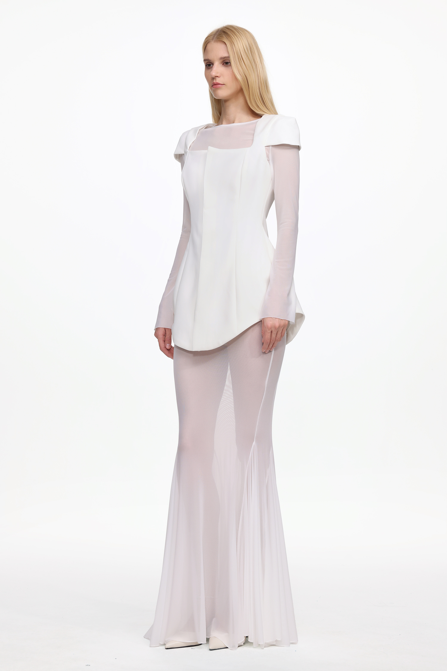 Irana Elegant Tailored Long Sleeve Top and Mesh Skirt Set