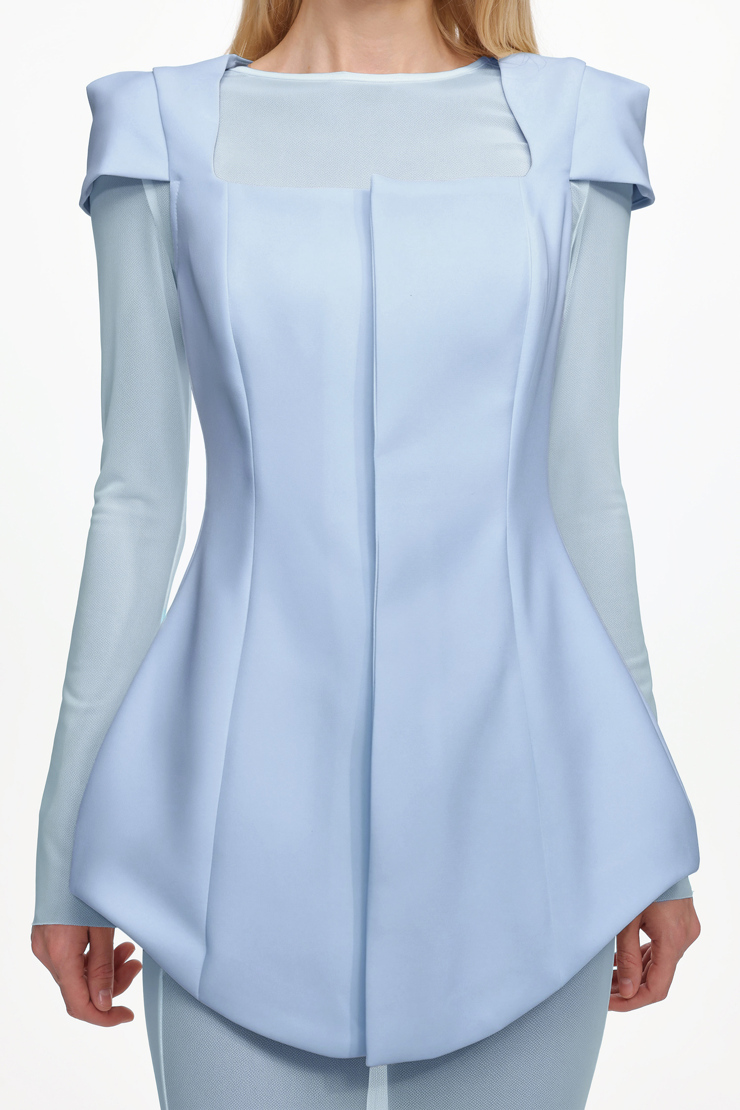 Irana Elegant Tailored Long Sleeve Blue Top and Mesh Skirt Set