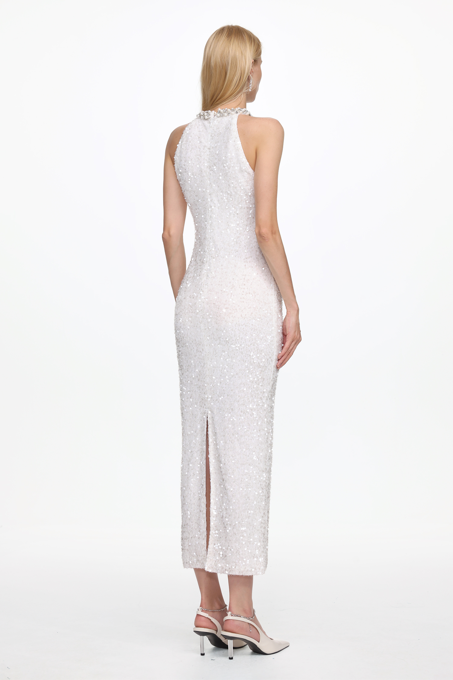 Giela Elegant Contour Halter Pearl Sequin Maxi Dress