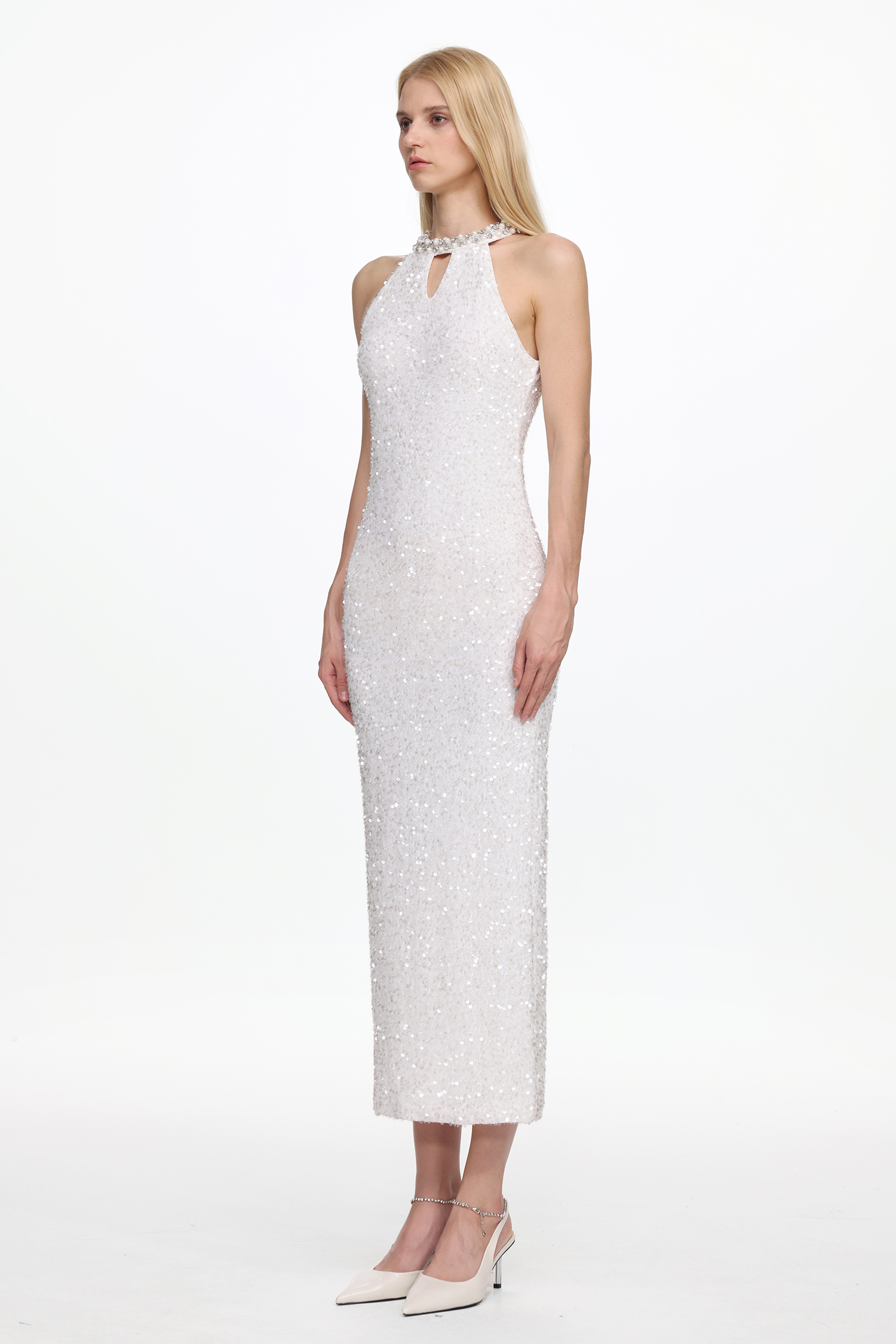 Giela Elegant Contour Halter Pearl Sequin Maxi Dress