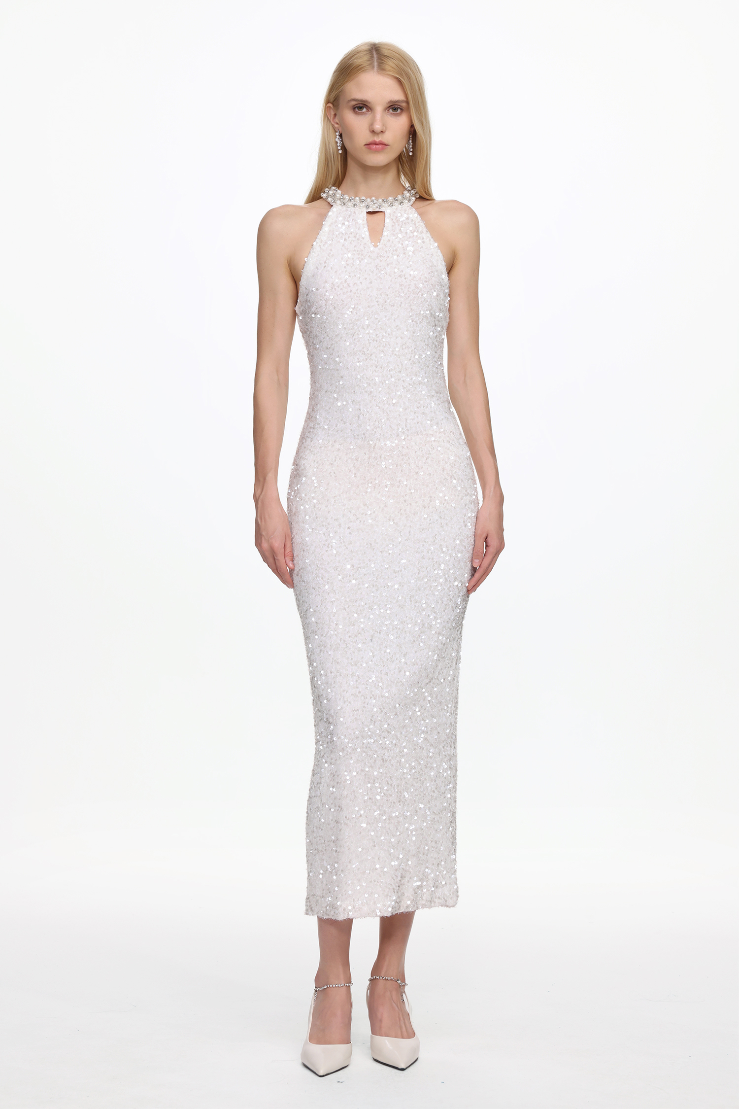 Giela Elegant Contour Halter Pearl Sequin Maxi Dress