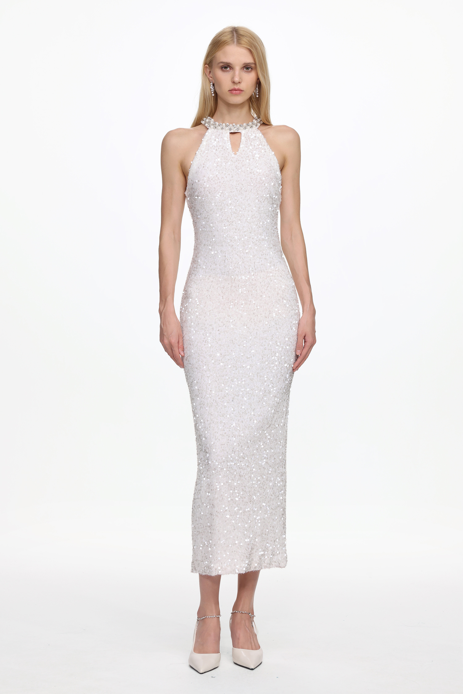 Giela Elegant Contour Halter Pearl Sequin Maxi Dress