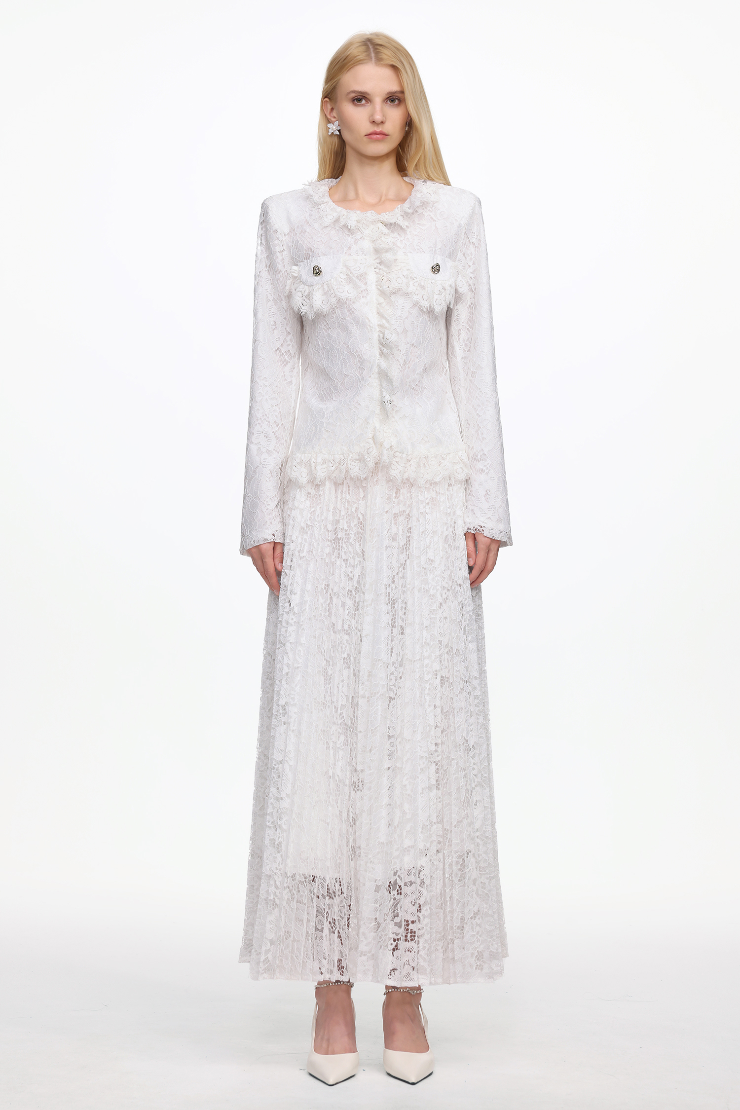 Saga Romantic Tailored Long Sleeve Lace Jacket and Skirt Set